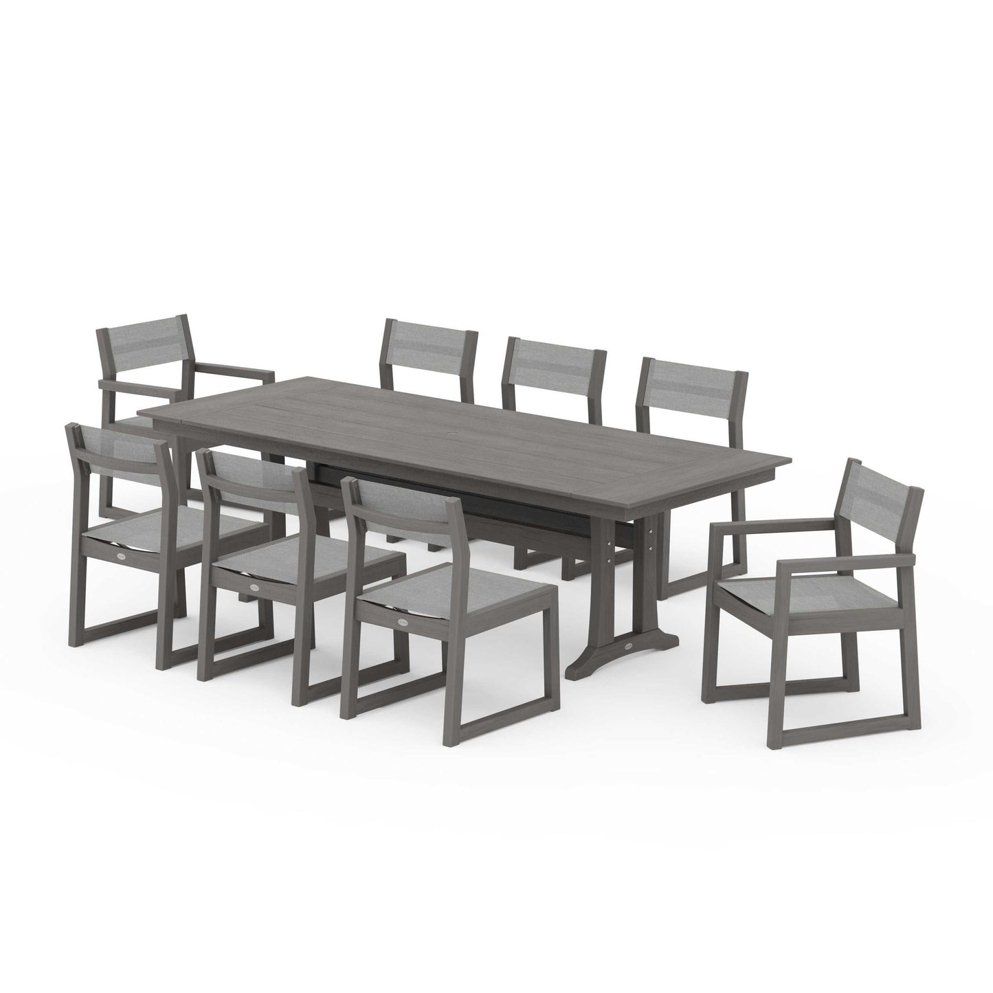 POLYWOOD EDGE Sling 9-Piece Farmhouse Trestle Dining Set — Driftwood / Metallic Sling