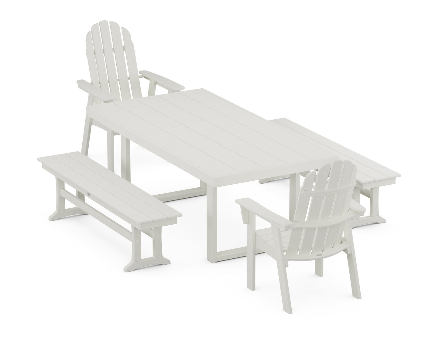 POLYWOOD Vineyard Adirondack 5-Piece Dining Set with Benches — Vintage White
