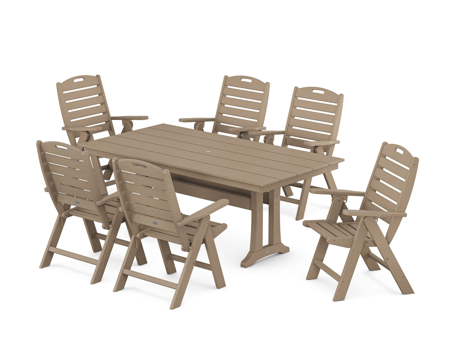 POLYWOOD Nautical Highback 7-Piece Farmhouse Dining Set with Trestle Legs — Vintage Sahara