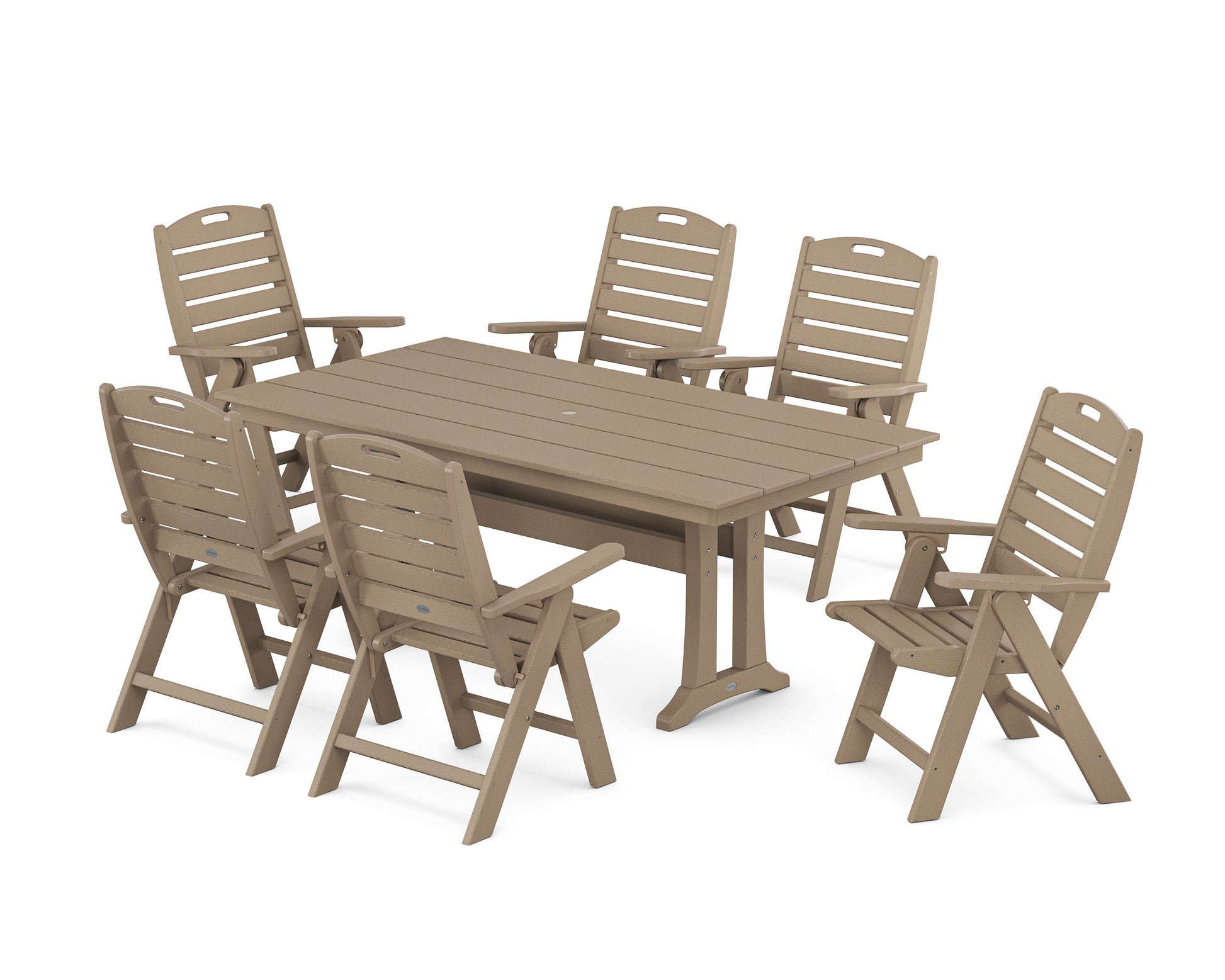 POLYWOOD Nautical Highback 7-Piece Farmhouse Dining Set with Trestle Legs — Vintage Sahara