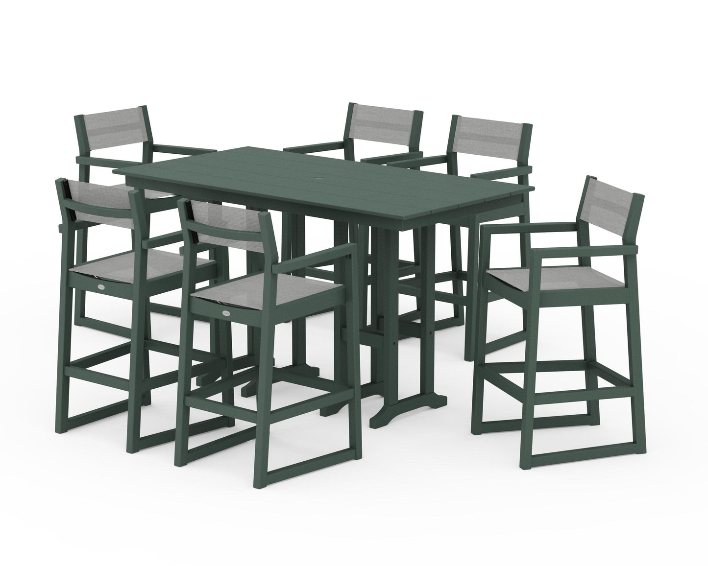 POLYWOOD EDGE Sling Arm Chair 7-Piece Farmhouse Bar Set — Green / Metallic Sling