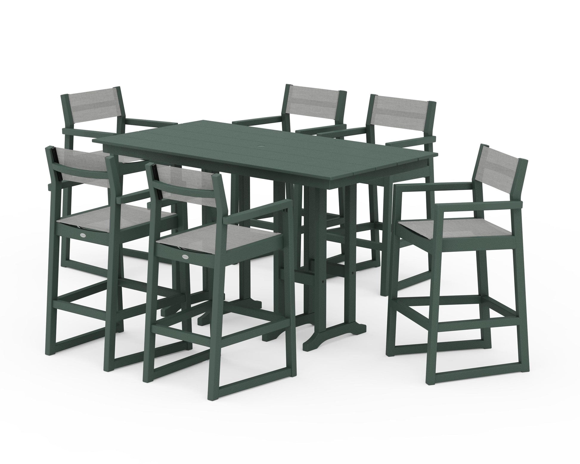 POLYWOOD EDGE Sling Arm Chair 7-Piece Farmhouse Bar Set — Green / Metallic Sling
