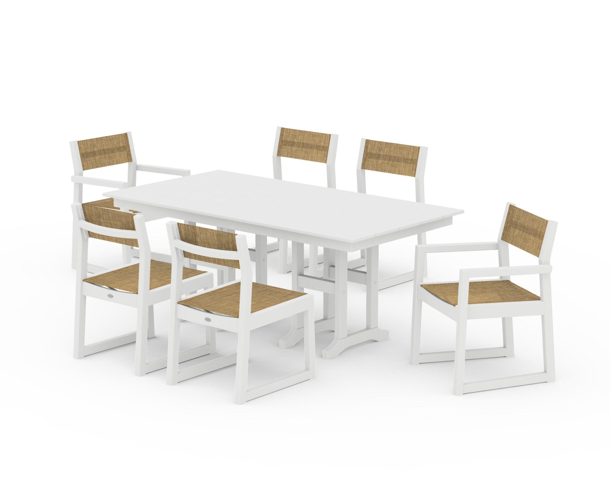POLYWOOD EDGE Sling 7-Piece Farmhouse Dining Set — White / Burlap Sling