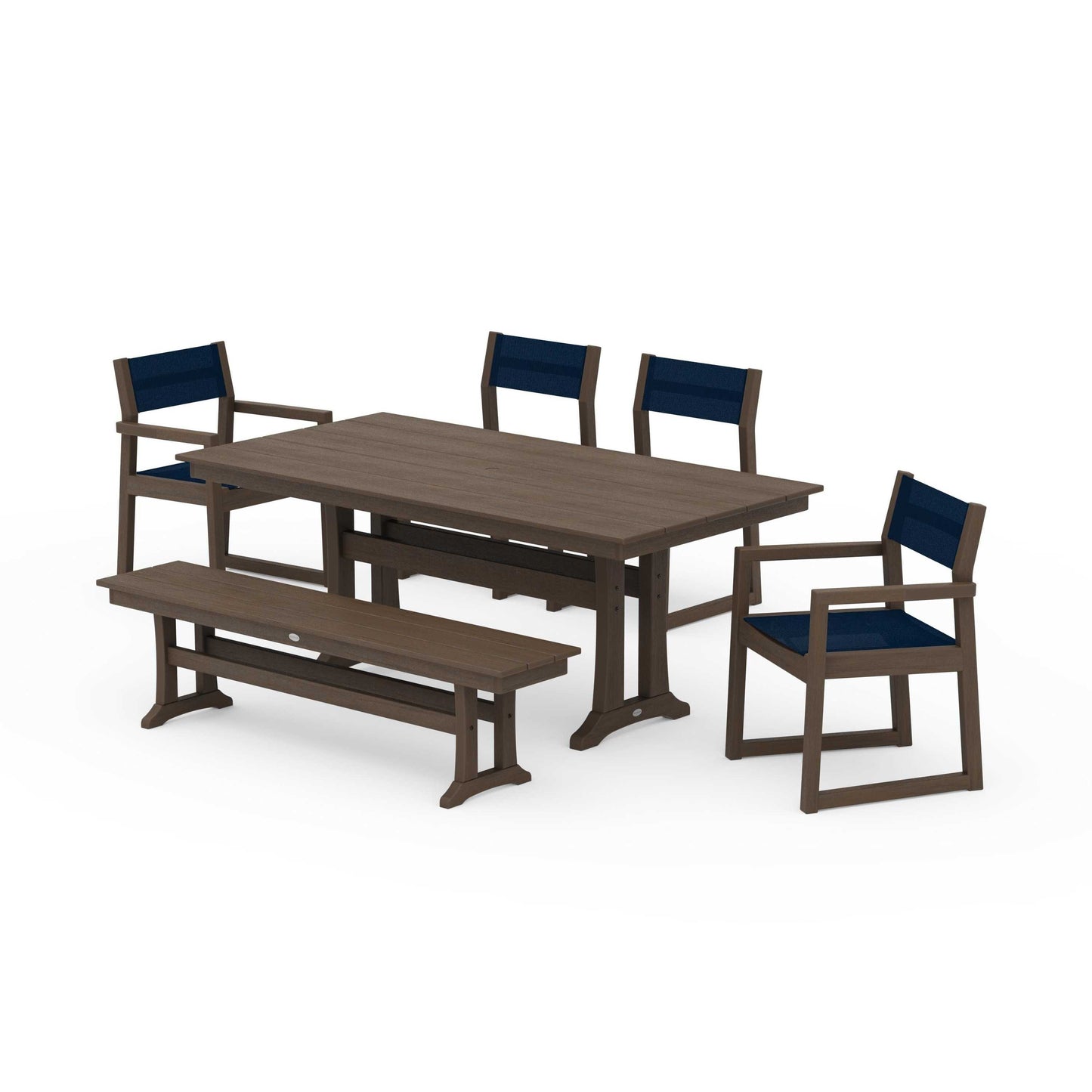 POLYWOOD EDGE Sling 6-Piece Farmhouse Dining Set With Trestle Legs — Kona / Navy Blue Sling