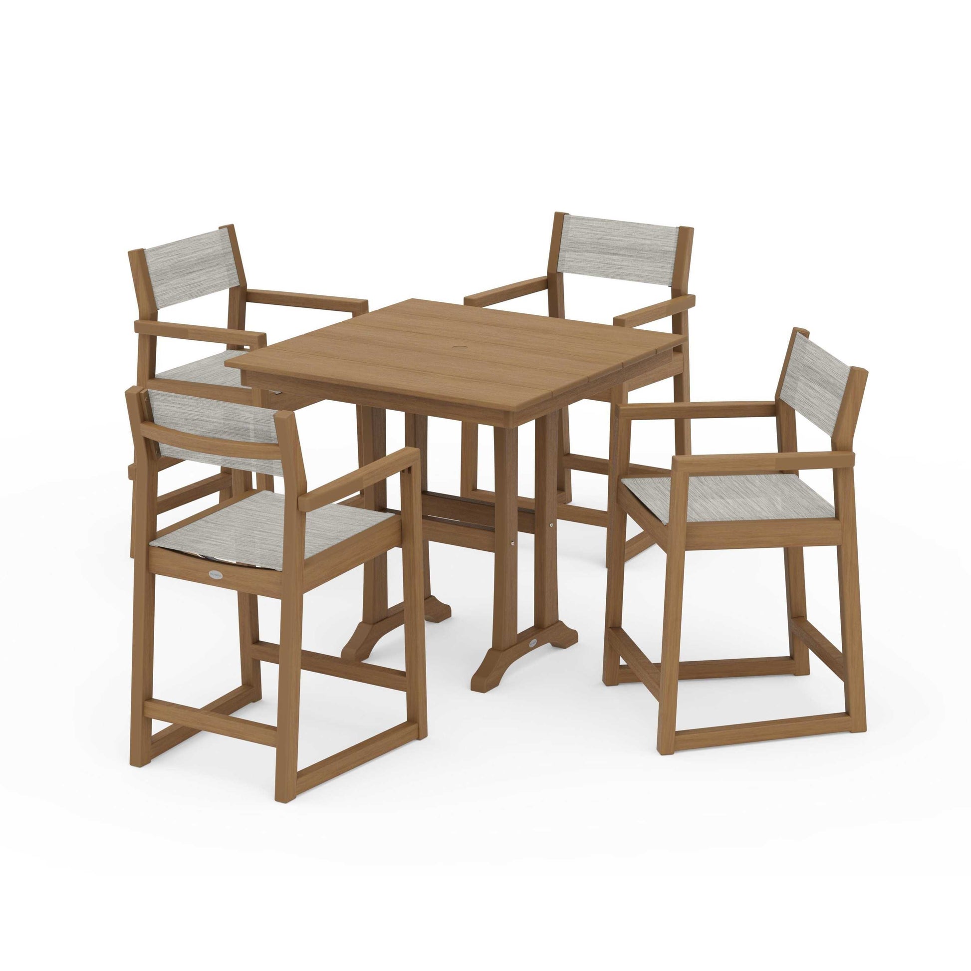 POLYWOOD EDGE Sling Arm Chair 5-Piece Farmhouse Counter Set with Trestle Legs — Natural / Birch Sling