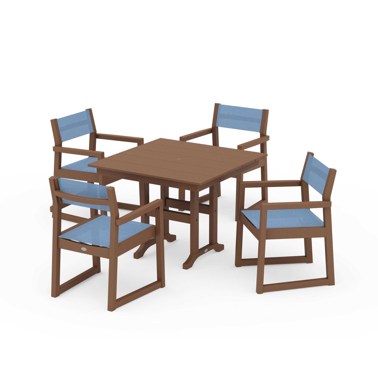 POLYWOOD EDGE Sling Arm Chair 5-Piece Farmhouse Dining Set — Teak / Poolside Sling