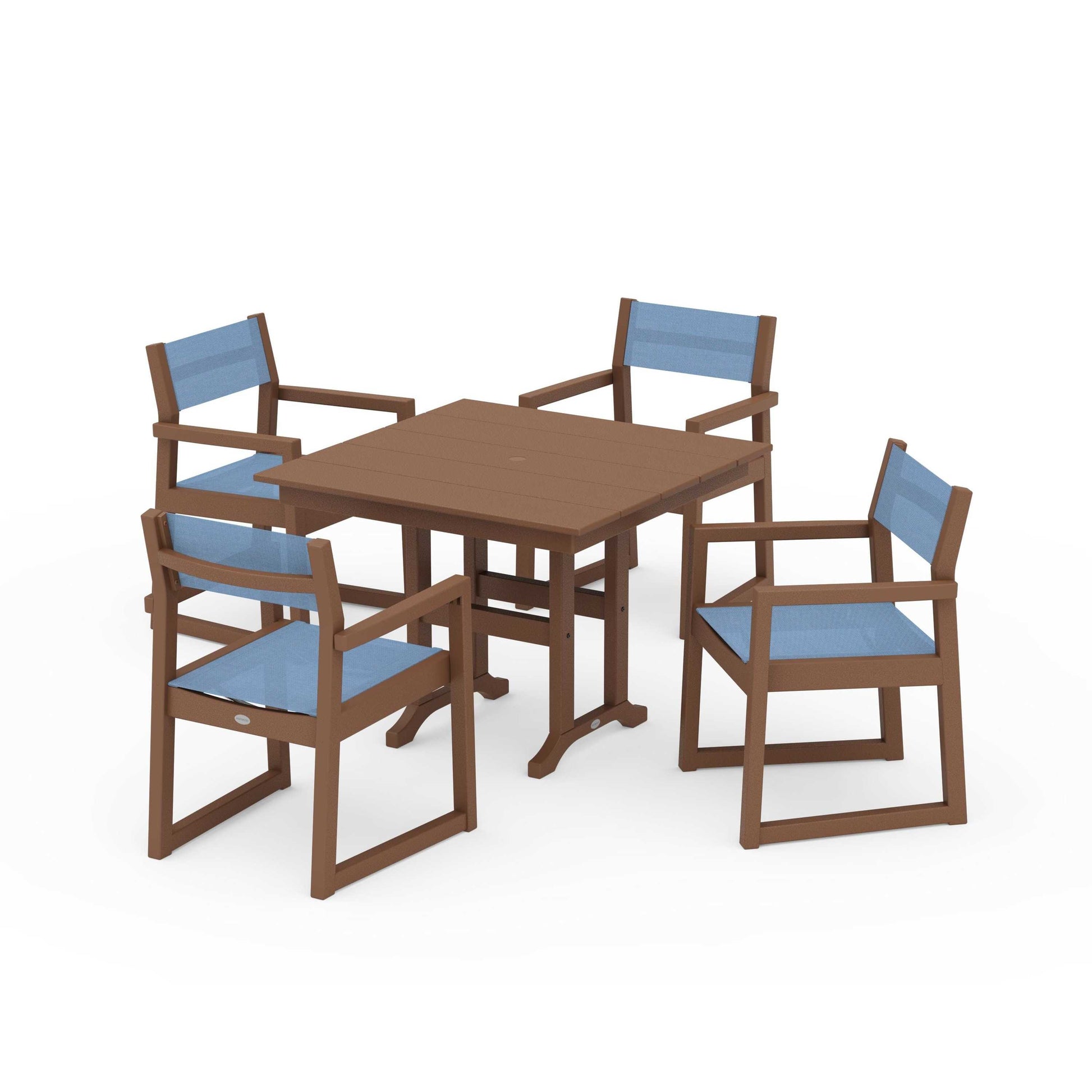 POLYWOOD EDGE Sling Arm Chair 5-Piece Farmhouse Dining Set — Teak / Poolside Sling
