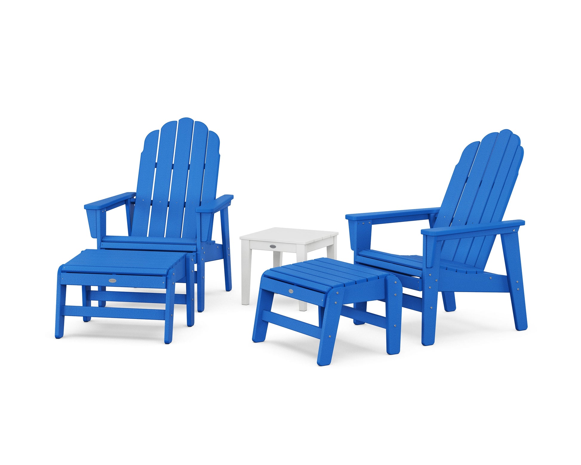 POLYWOOD 5-Piece Vineyard Grand Upright Adirondack Set with Ottomans and Side Table — Pacific Blue / White