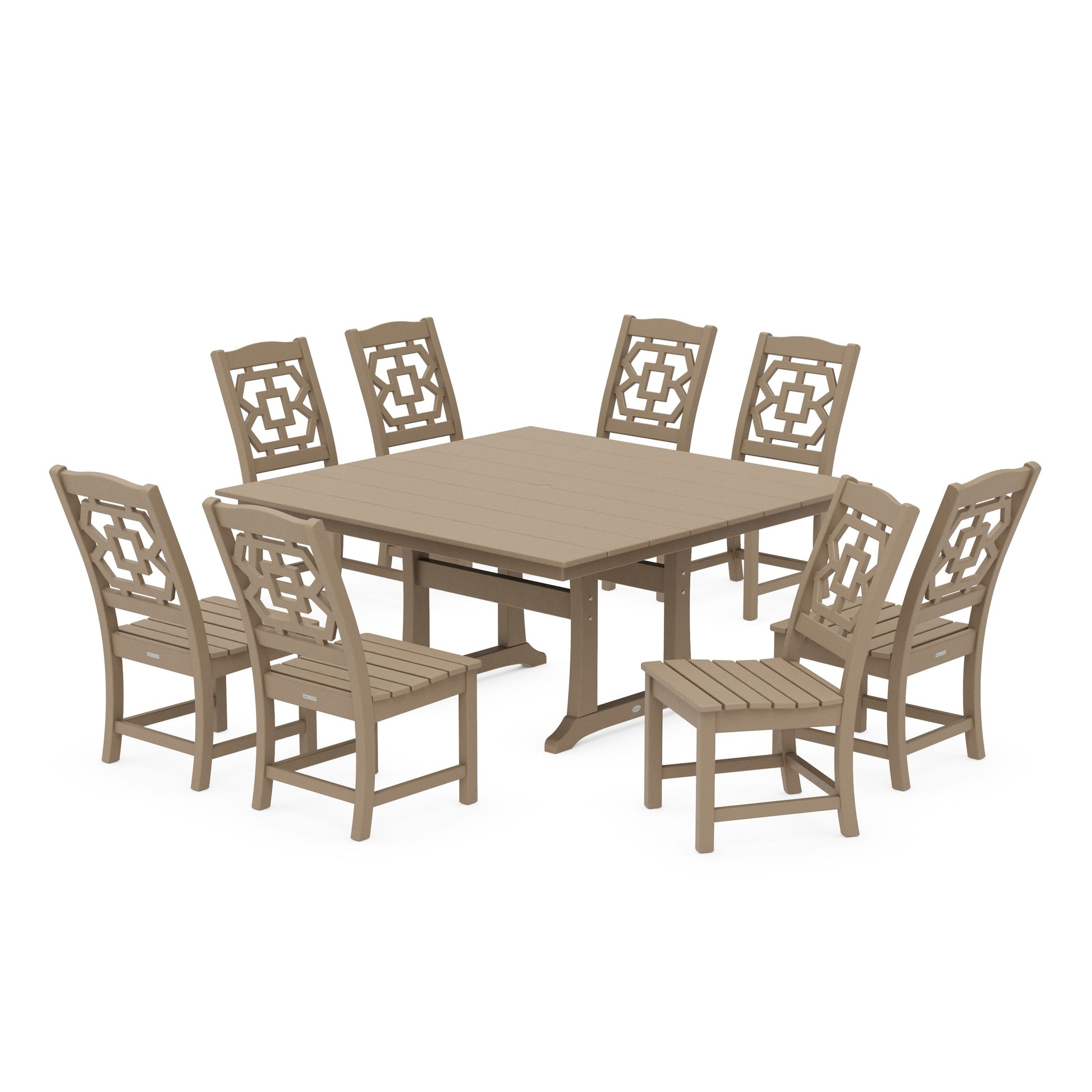 POLYWOOD Chinoiserie 9-Piece Square Farmhouse Side Chair Dining Set with Trestle Legs — Vintage Sahara