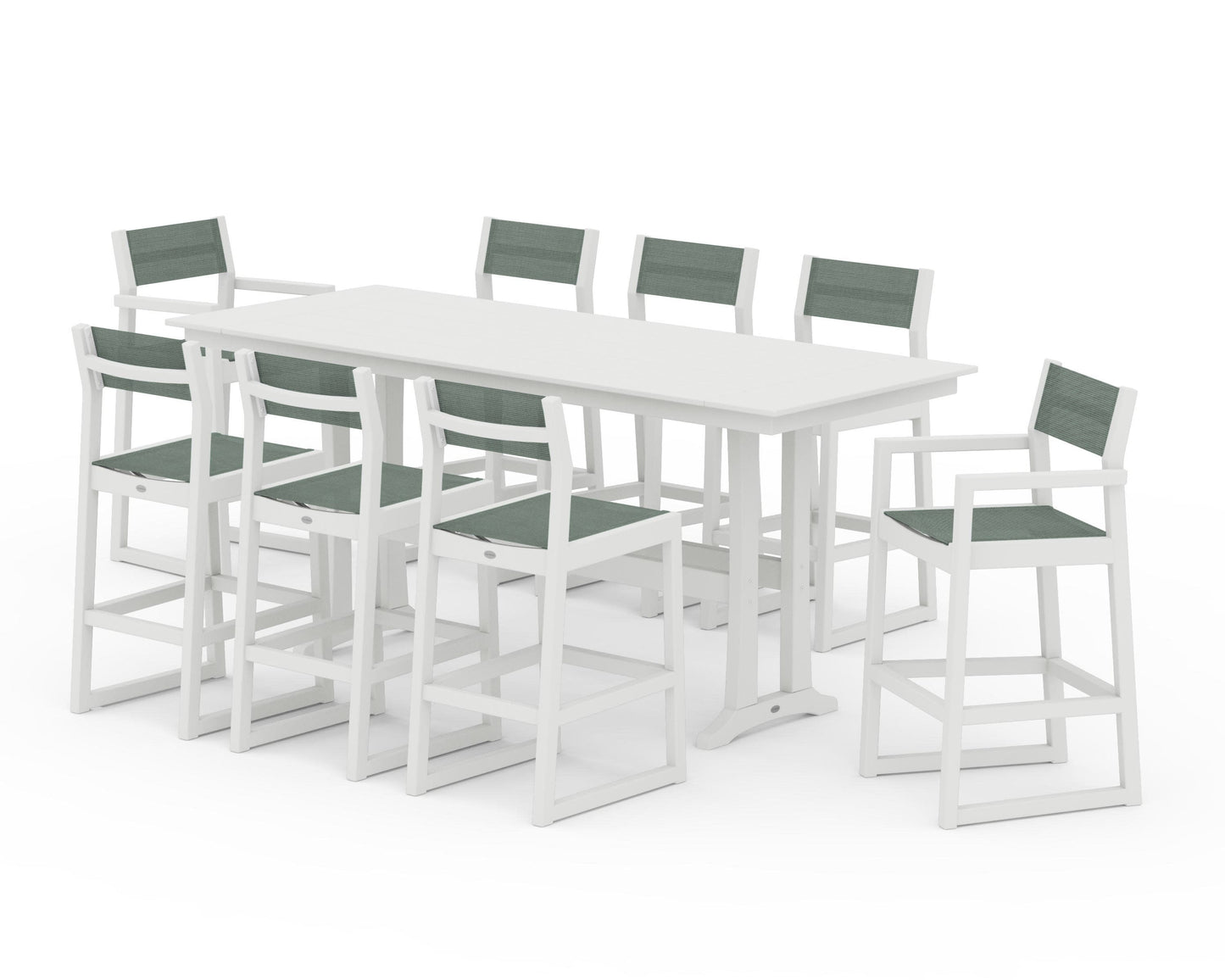 POLYWOOD EDGE Sling 9-Piece Farmhouse Bar Set with Trestle Legs — Vintage White / Dupioni Sea Mist Sling