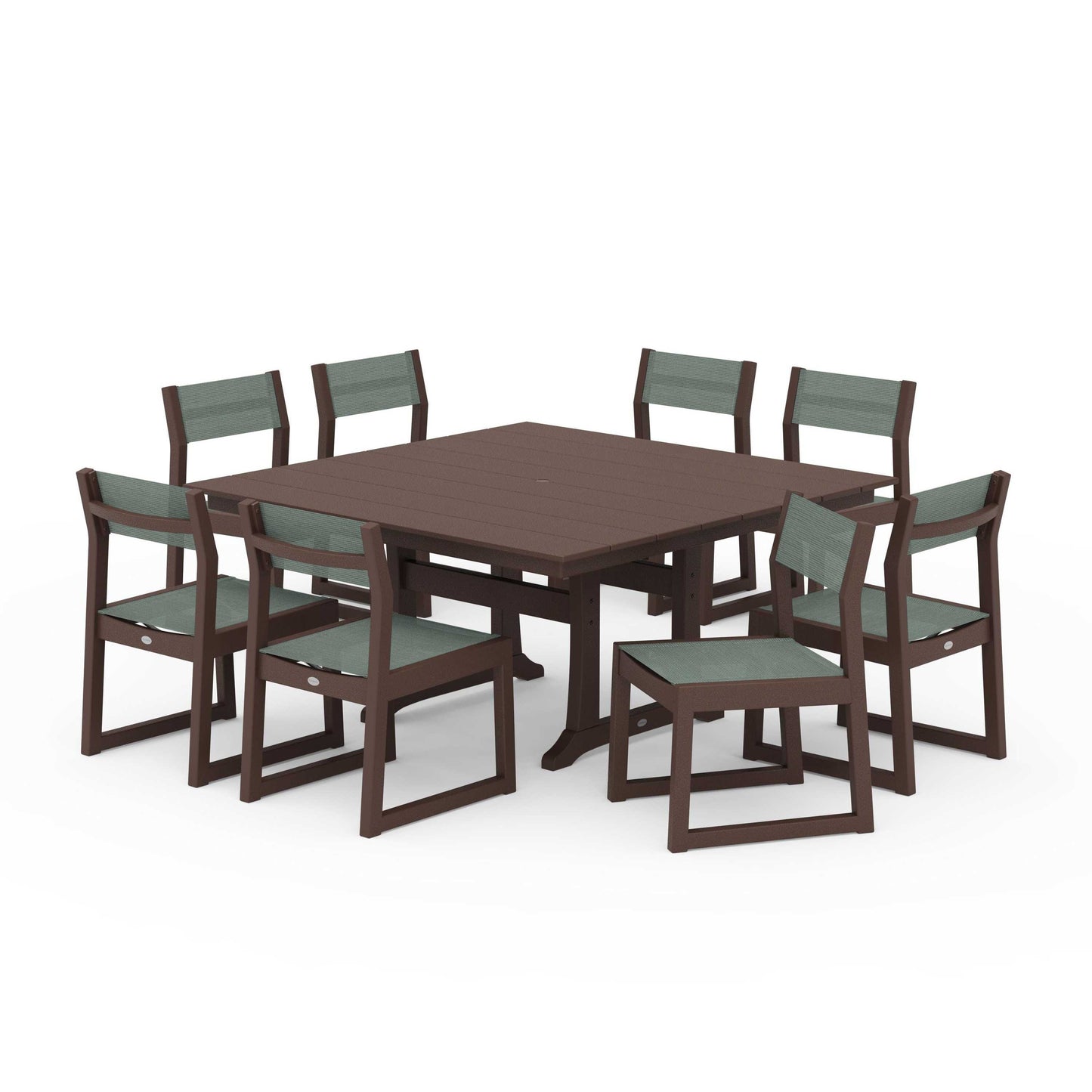 POLYWOOD EDGE Sling Side Chair 9-Piece Farmhouse Trestle Dining Set — Mahogany / Dupioni Sea Mist Sling