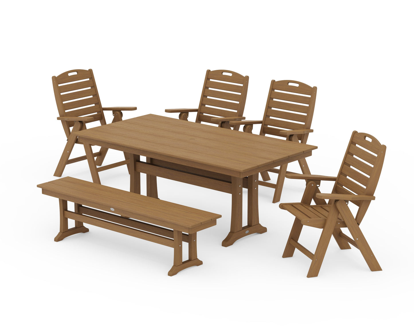 POLYWOOD Nautical Highback 6-Piece Farmhouse Dining Set with Trestle Legs and Bench — Natural