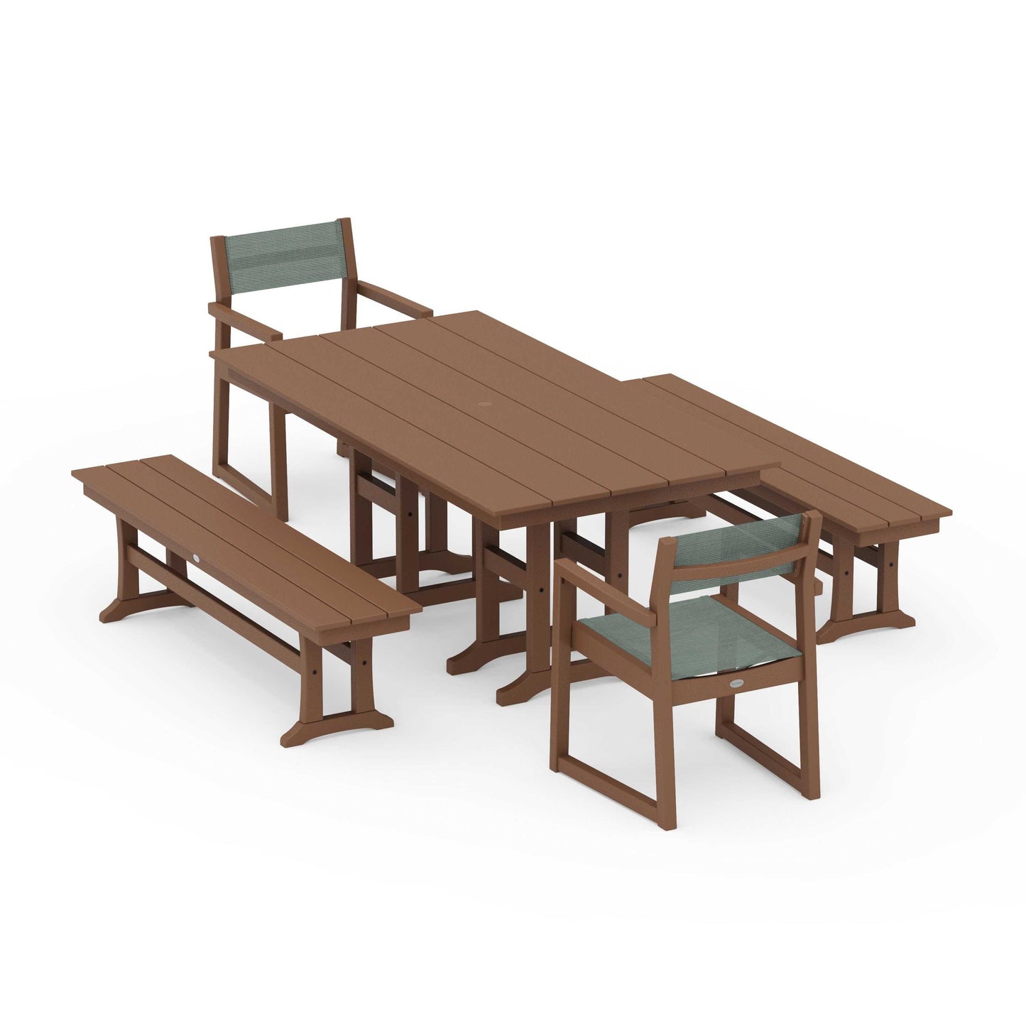 POLYWOOD EDGE Sling Arm Chair 5-Piece Farmhouse Dining Set with Benches — Teak / Dupioni Sea Mist Sling