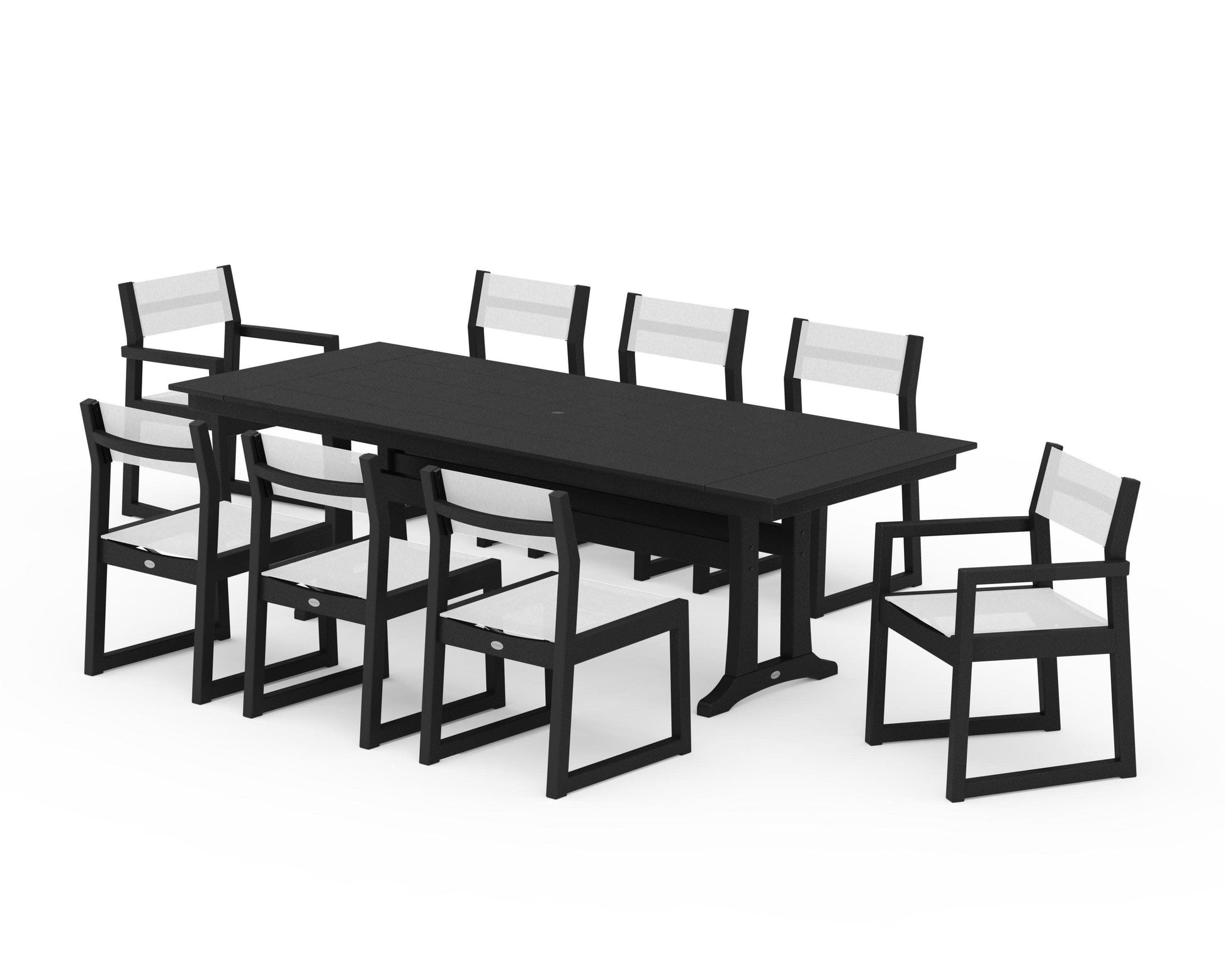 POLYWOOD EDGE Sling 9-Piece Farmhouse Trestle Dining Set — Black / White Sling