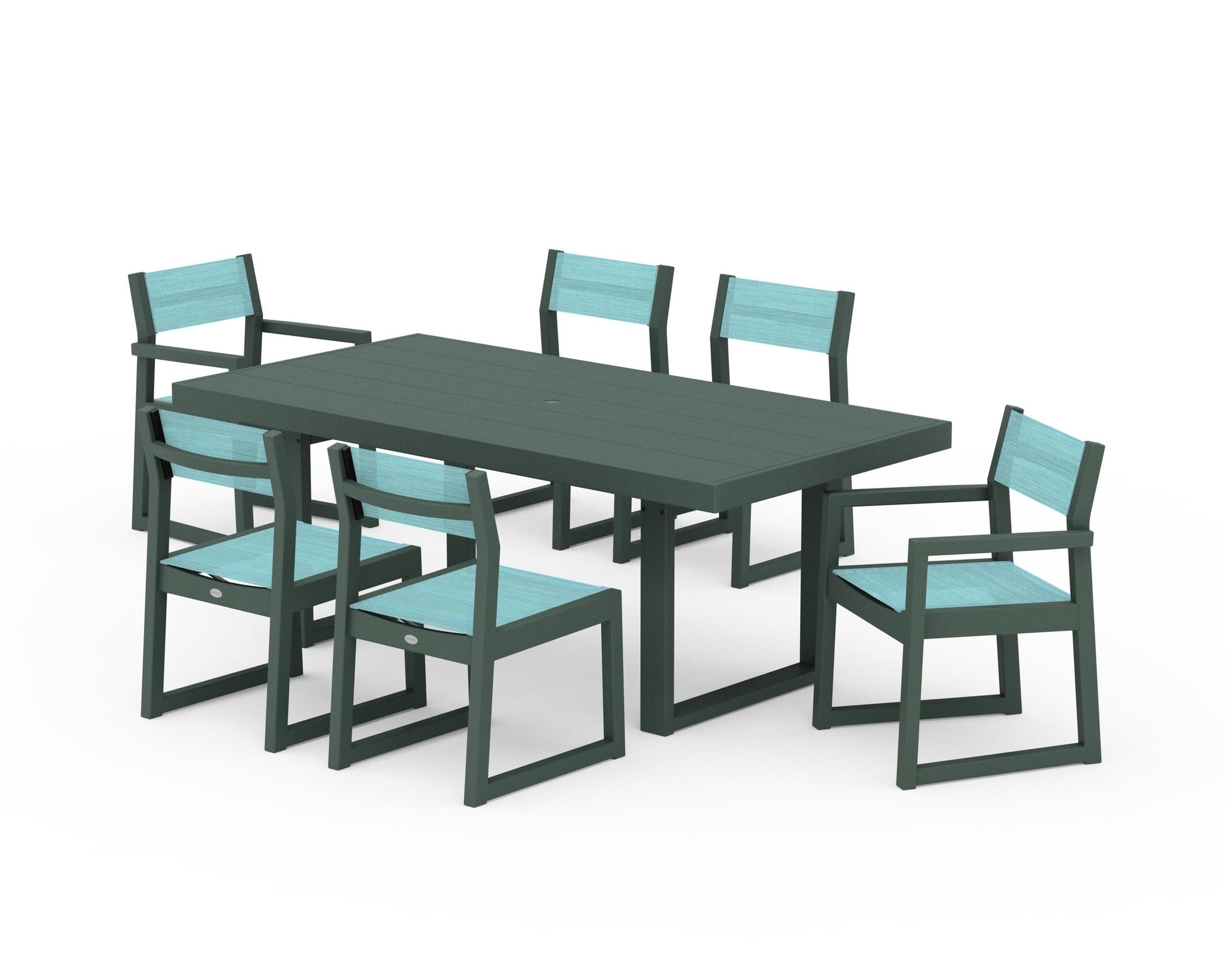 POLYWOOD EDGE Sling 7-Piece Dining Set — Green / Dupioni Aquamarine Sling
