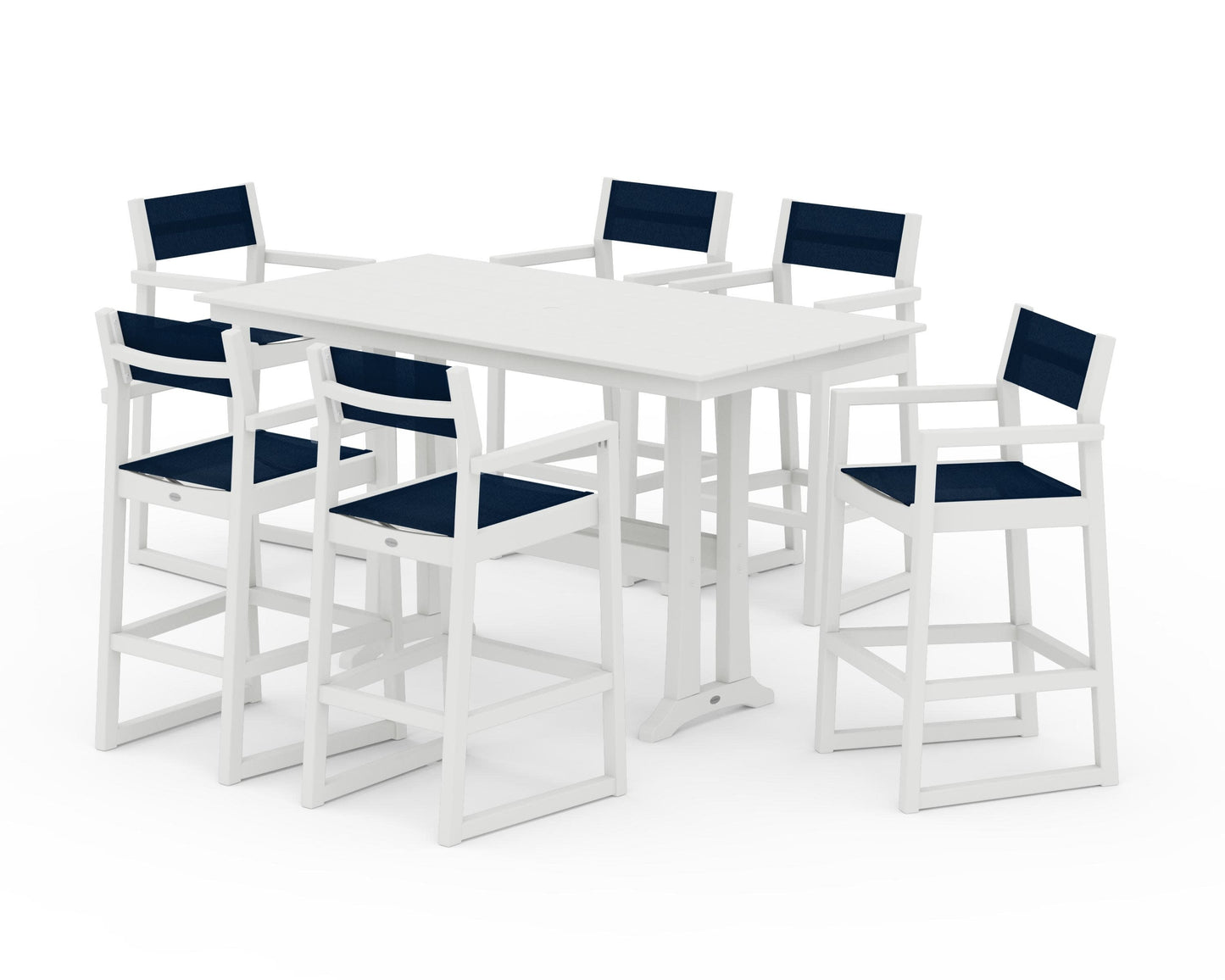 POLYWOOD EDGE Sling Arm Chair 7-Piece Farmhouse Bar Set with Trestle Legs — Vintage White / Navy Blue Sling