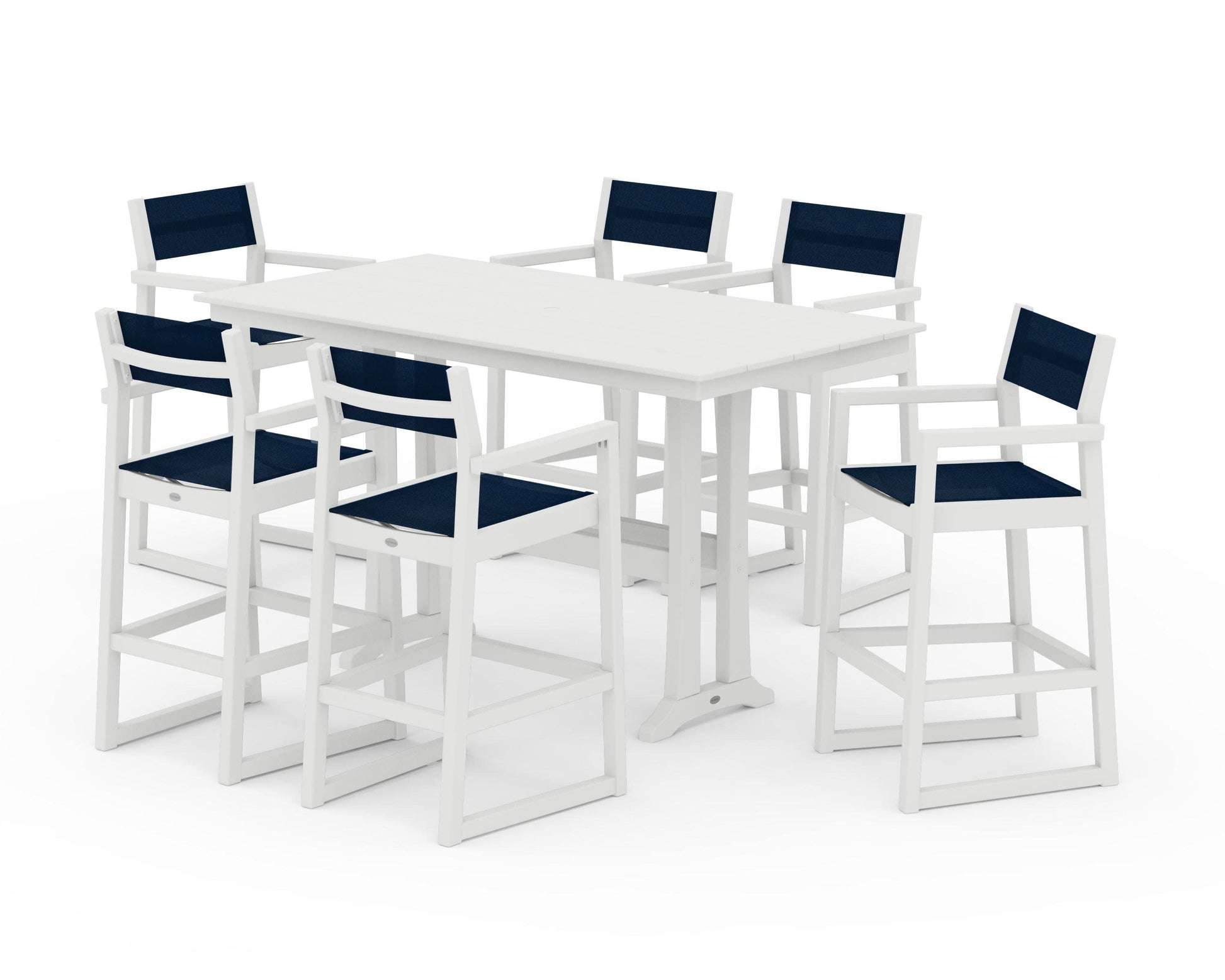 POLYWOOD EDGE Sling Arm Chair 7-Piece Farmhouse Bar Set with Trestle Legs — Vintage White / Navy Blue Sling