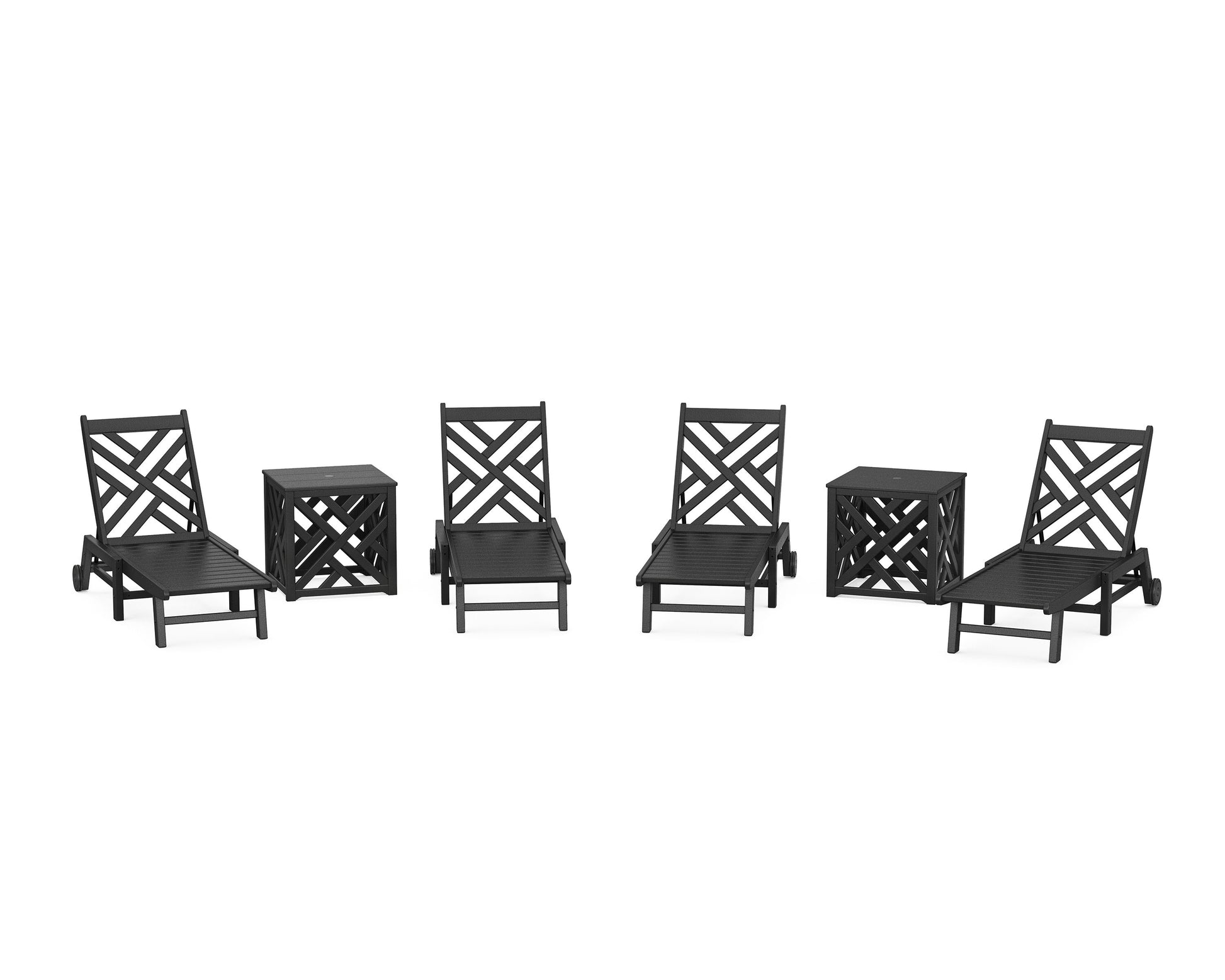 POLYWOOD Chippendale 6-Piece Chaise Set with Wheels and Umbrella Stand Accent Table — Black