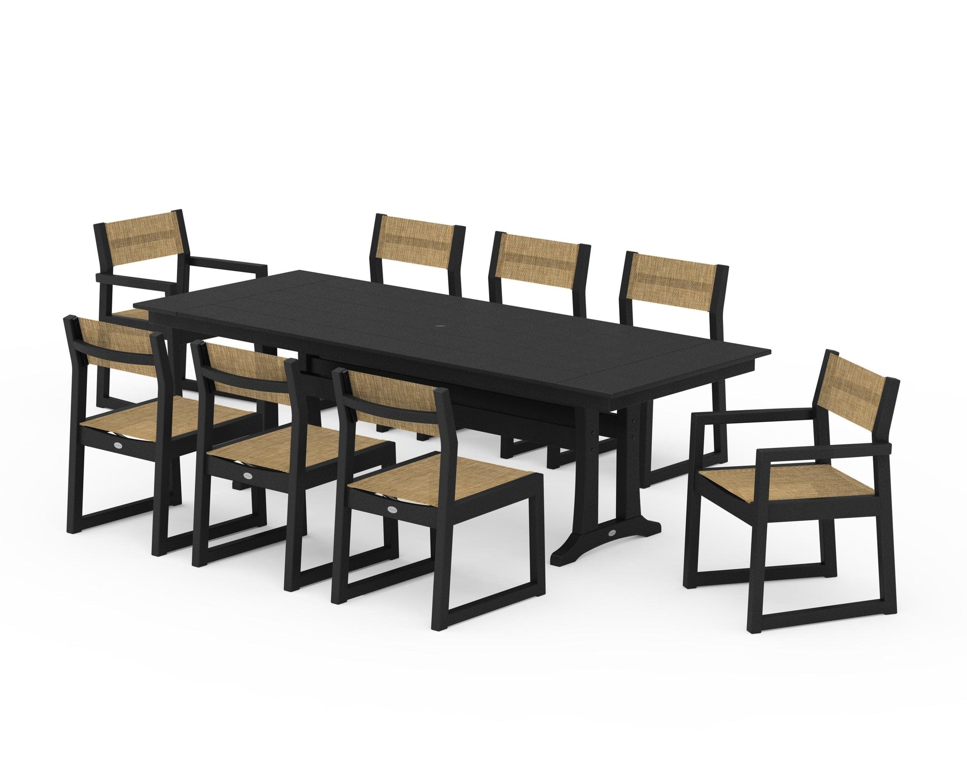 POLYWOOD EDGE Sling 9-Piece Farmhouse Trestle Dining Set — Black / Burlap Sling