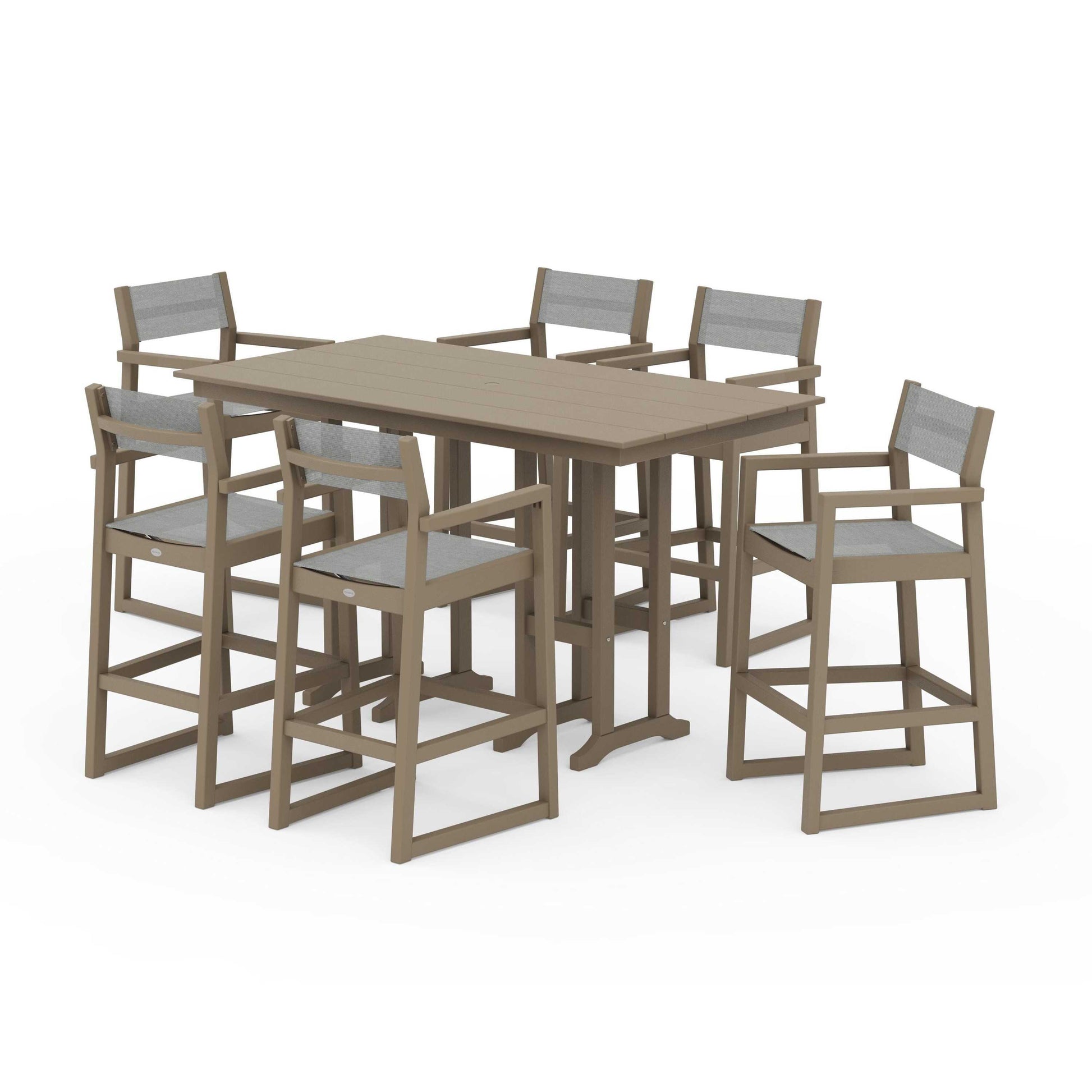 POLYWOOD EDGE Sling Arm Chair 7-Piece Farmhouse Bar Set — Vintage Sahara / Metallic Sling