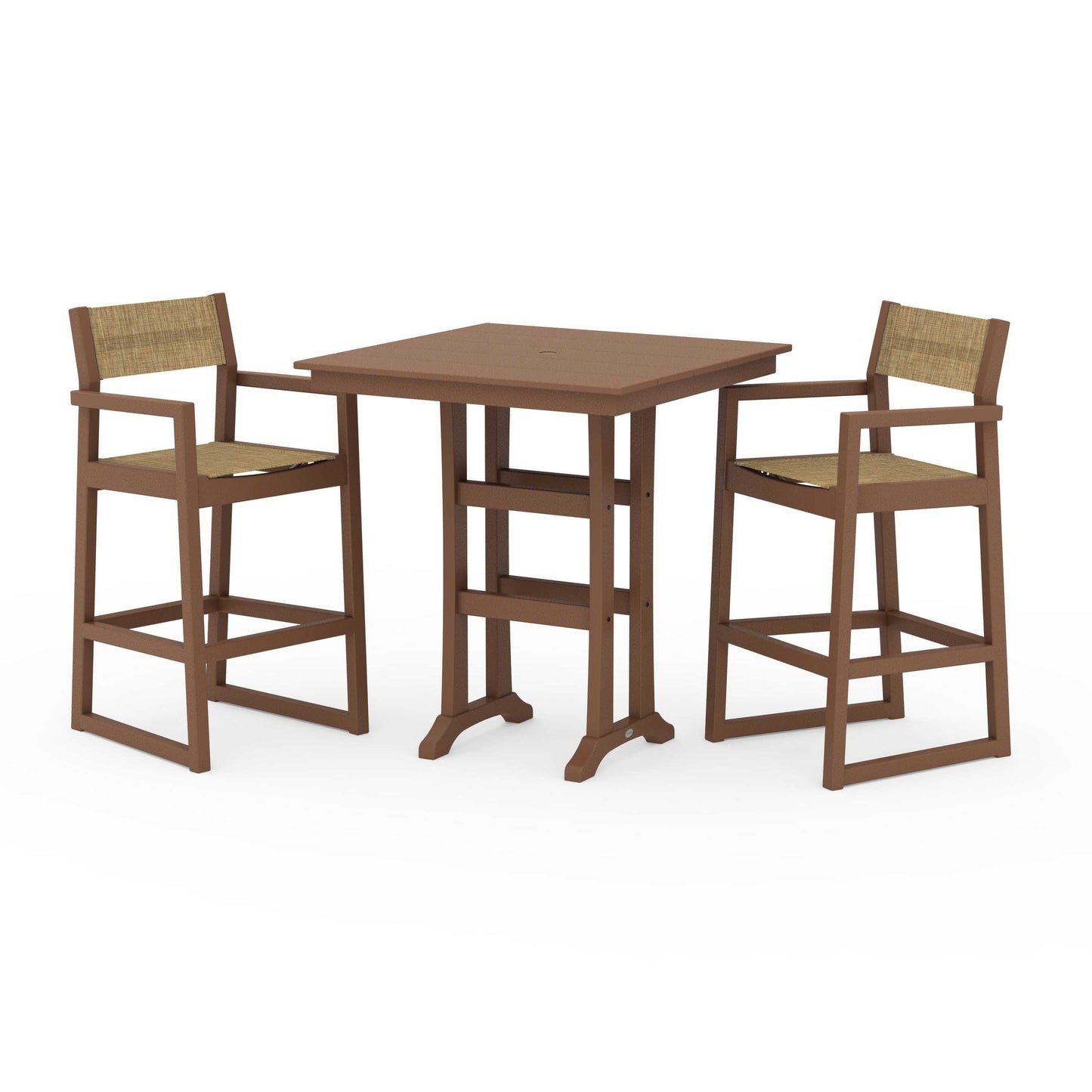 POLYWOOD EDGE Sling Arm Chair 3-Piece Farmhouse Bar Set with Trestle Legs — Teak / Burlap Sling