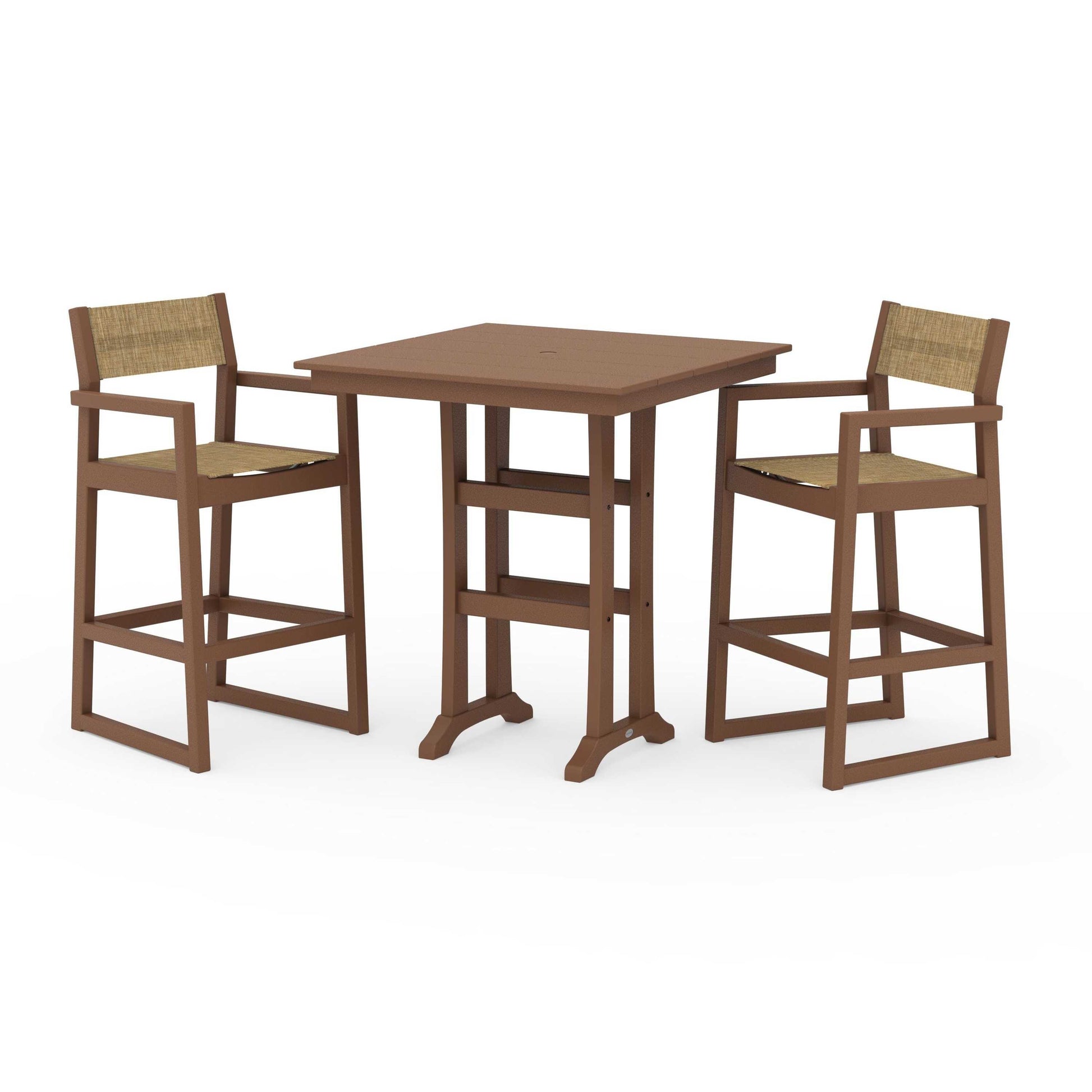 POLYWOOD EDGE Sling Arm Chair 3-Piece Farmhouse Bar Set with Trestle Legs — Teak / Burlap Sling