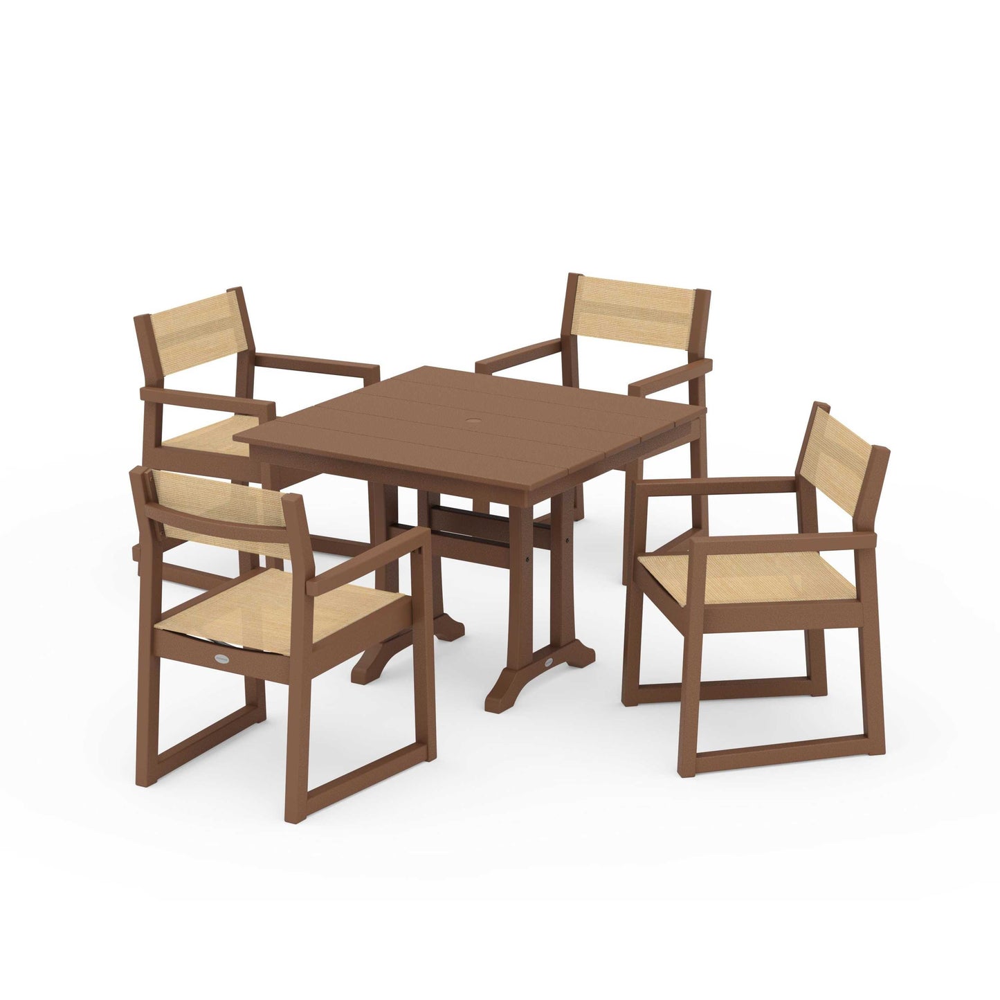 POLYWOOD EDGE Sling 5-Piece Farmhouse Dining Set with Trestle Legs — Teak / Dupioni Apricot Sling