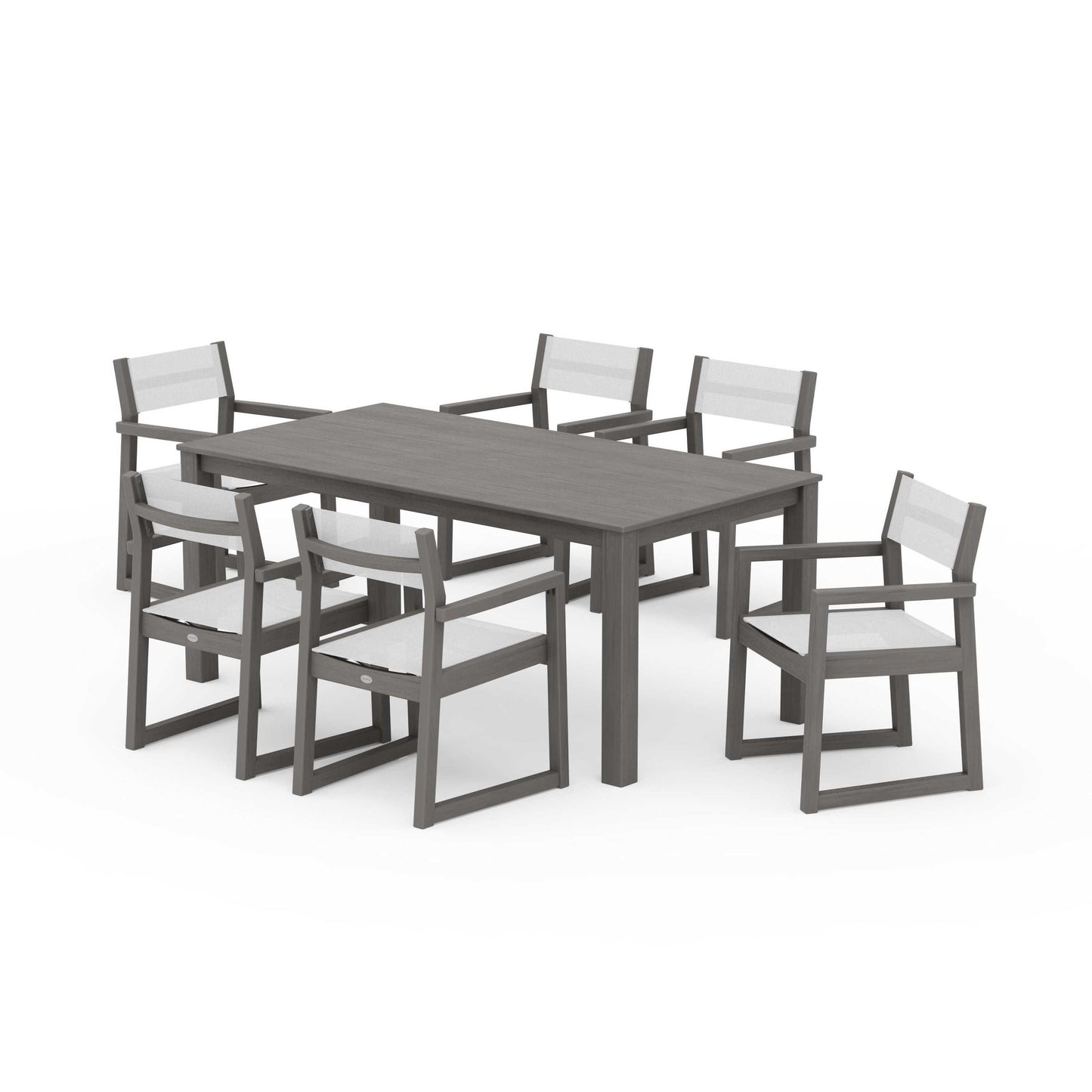 POLYWOOD EDGE Sling Arm Chair 7-Piece Parsons Dining Set — Driftwood / White Sling