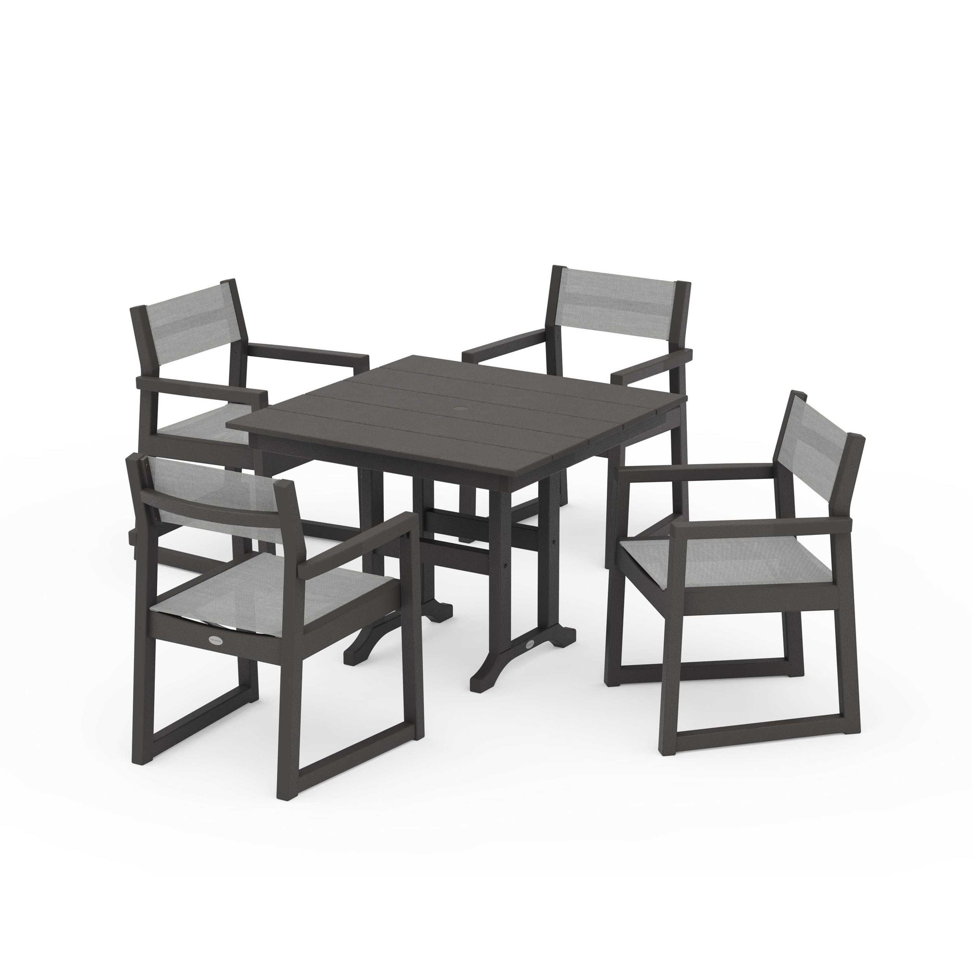 POLYWOOD EDGE Sling Arm Chair 5-Piece Farmhouse Dining Set — Vintage Coffee / Metallic Sling