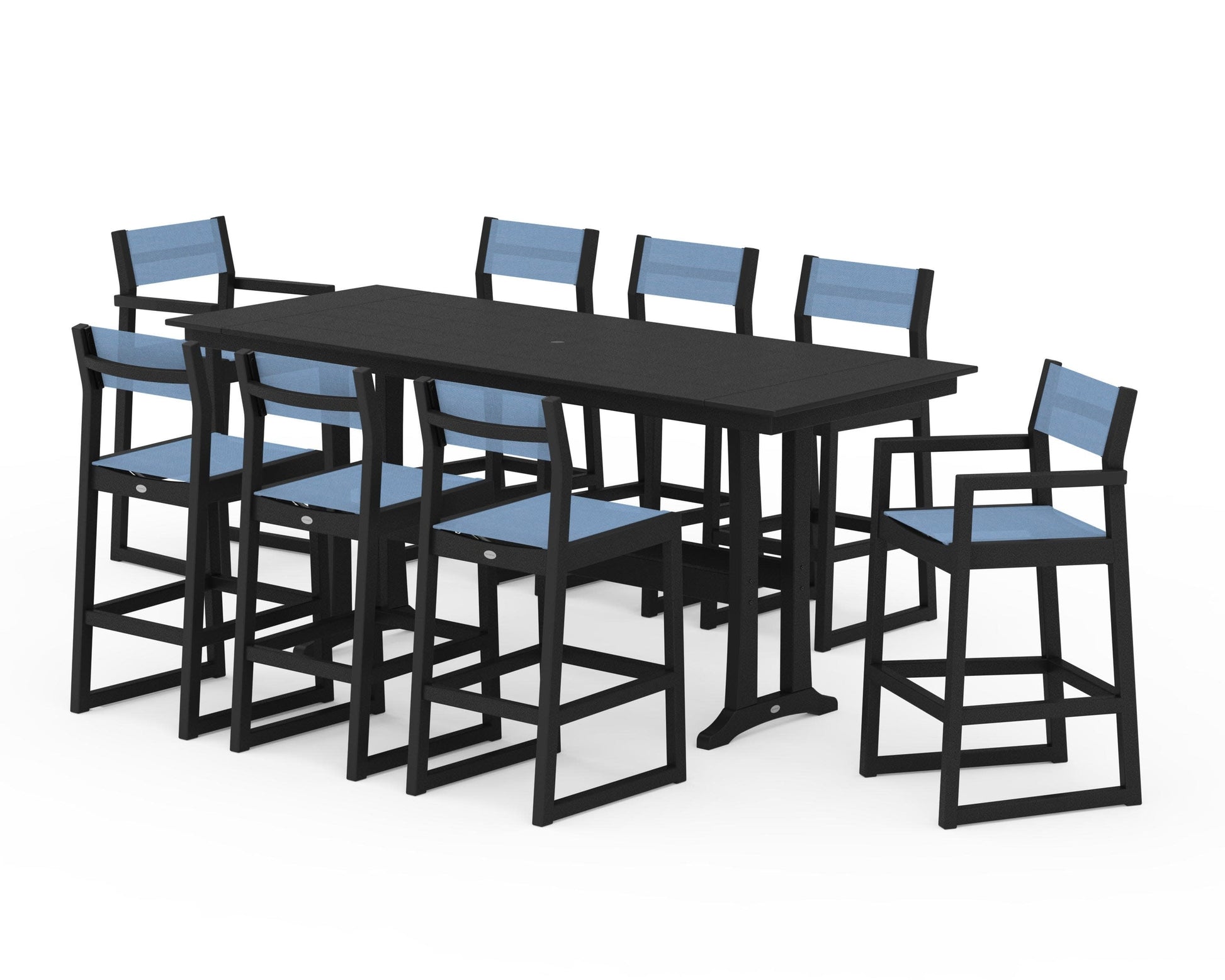 POLYWOOD EDGE Sling 9-Piece Farmhouse Bar Set with Trestle Legs — Black / Poolside Sling