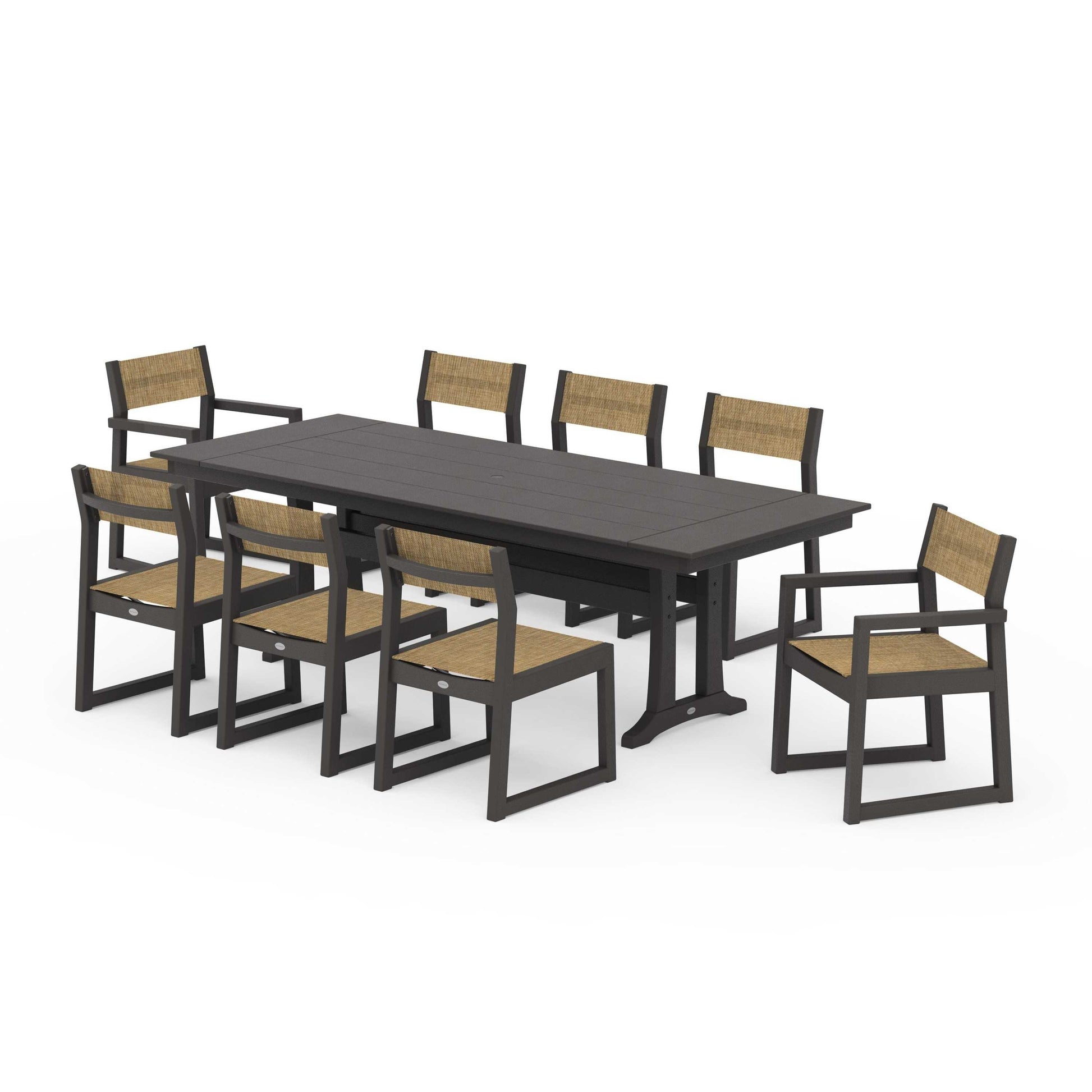 POLYWOOD EDGE Sling 9-Piece Farmhouse Trestle Dining Set — Vintage Coffee / Burlap Sling