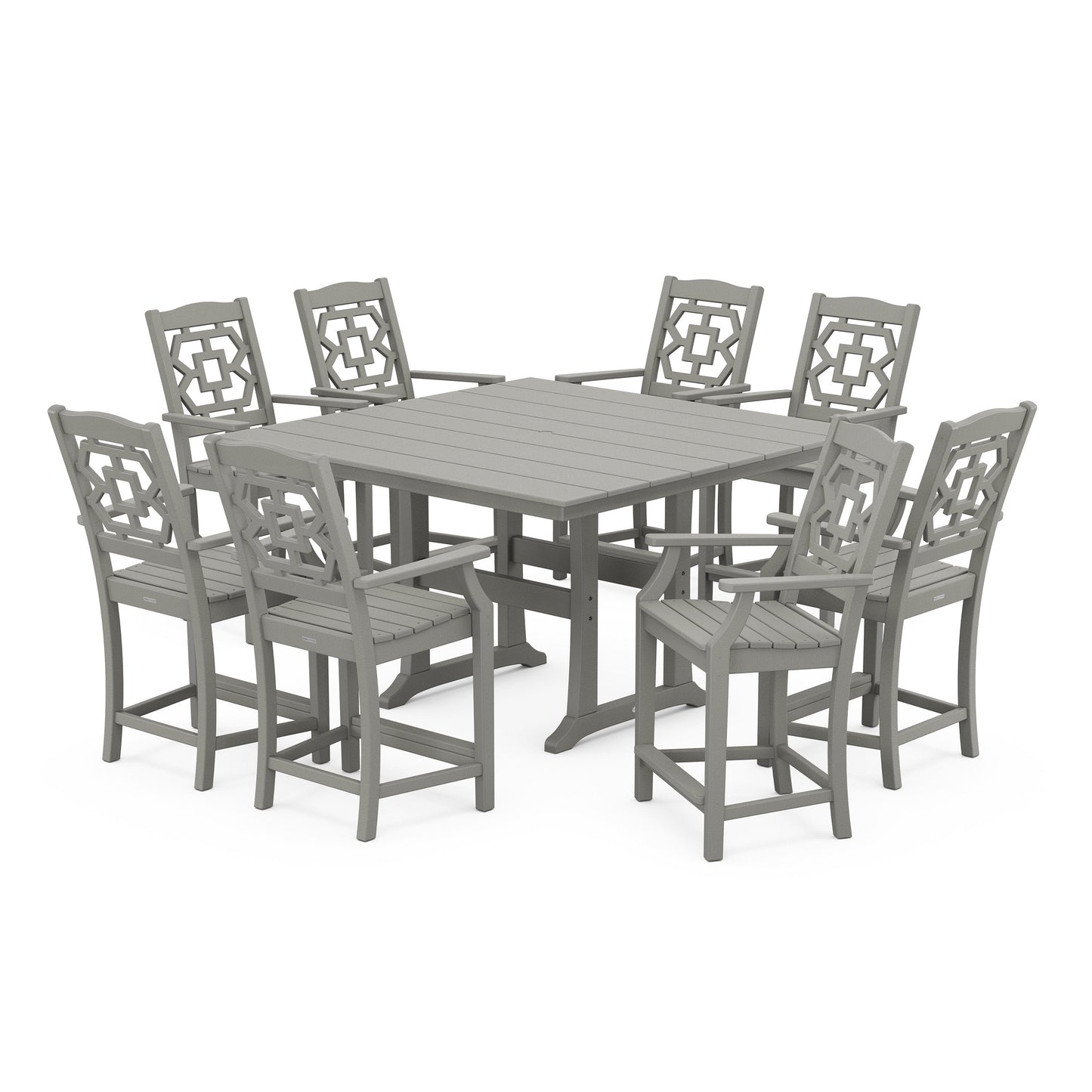 POLYWOOD Chinoiserie 9-Piece Square Farmhouse Counter Set with Trestle Legs — Slate Grey
