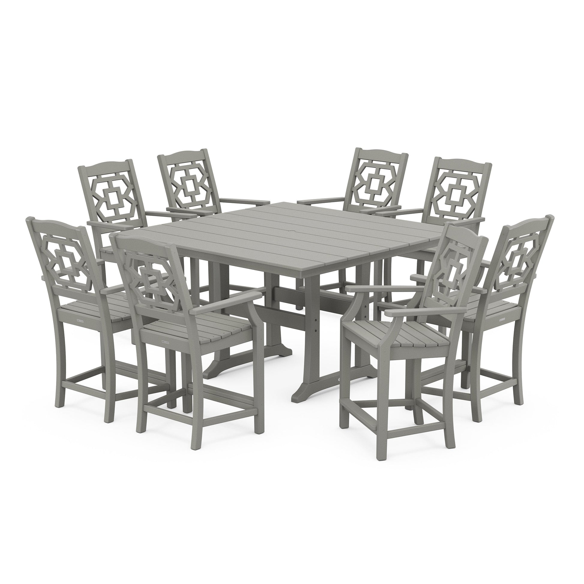 POLYWOOD Chinoiserie 9-Piece Square Farmhouse Counter Set with Trestle Legs — Slate Grey