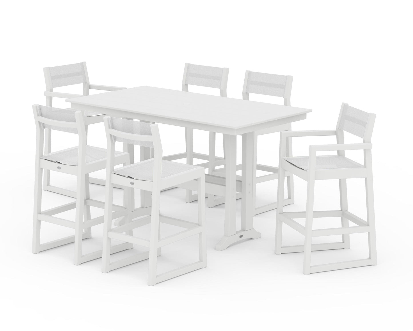 POLYWOOD EDGE Sling 7-Piece Farmhouse Bar Set with Trestle Legs — White / White Sling