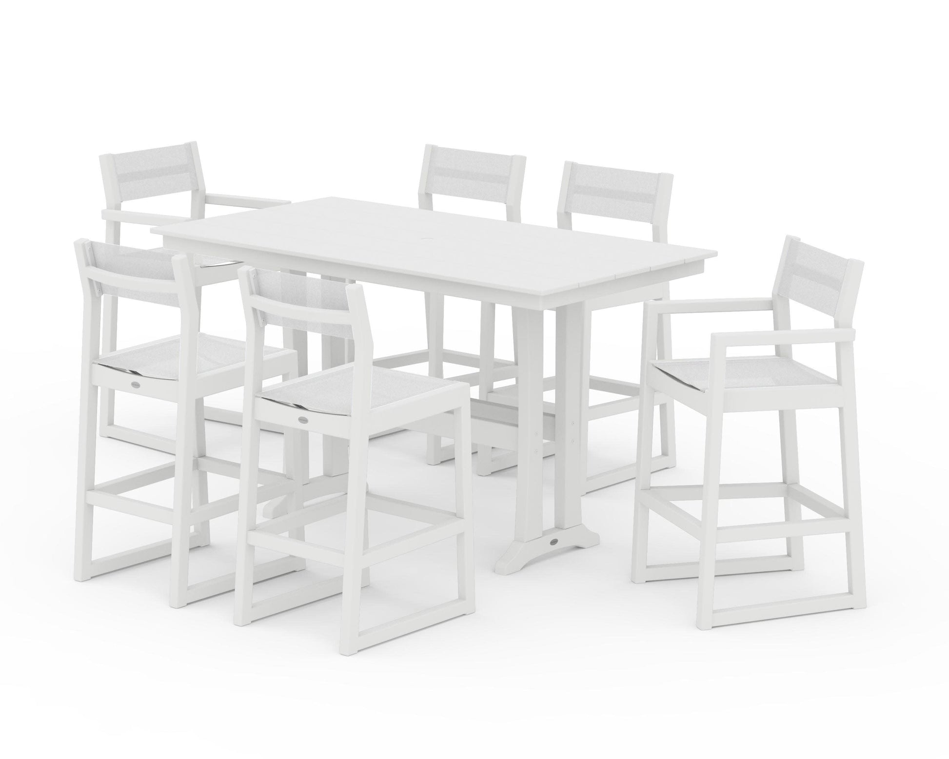 POLYWOOD EDGE Sling 7-Piece Farmhouse Bar Set with Trestle Legs — White / White Sling