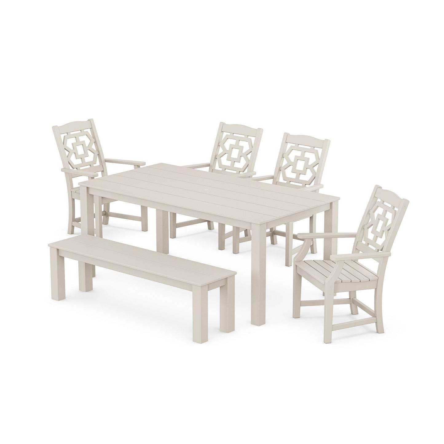 POLYWOOD Chinoiserie 6-Piece Parsons Dining Set with Bench — Sand
