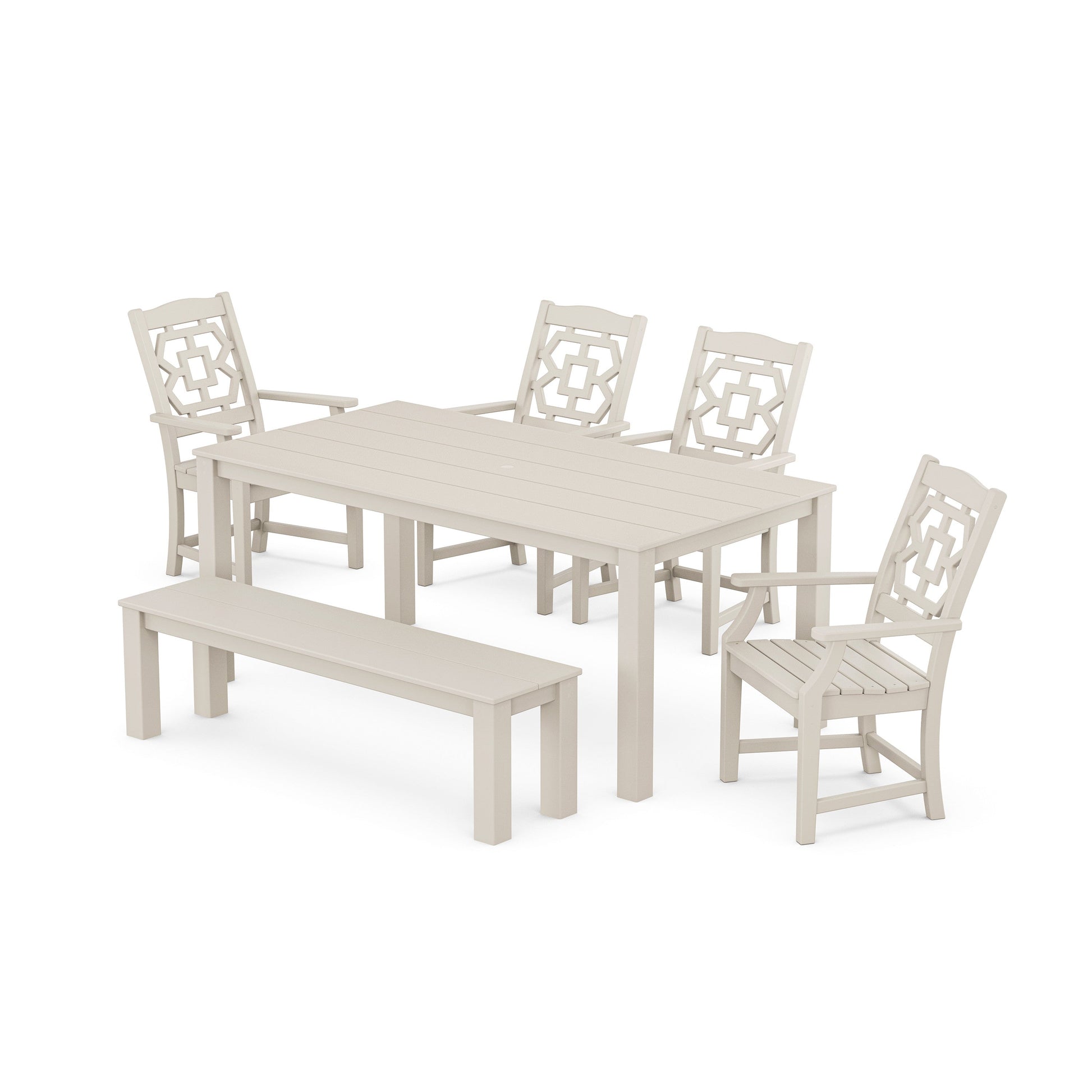 POLYWOOD Chinoiserie 6-Piece Parsons Dining Set with Bench — Sand