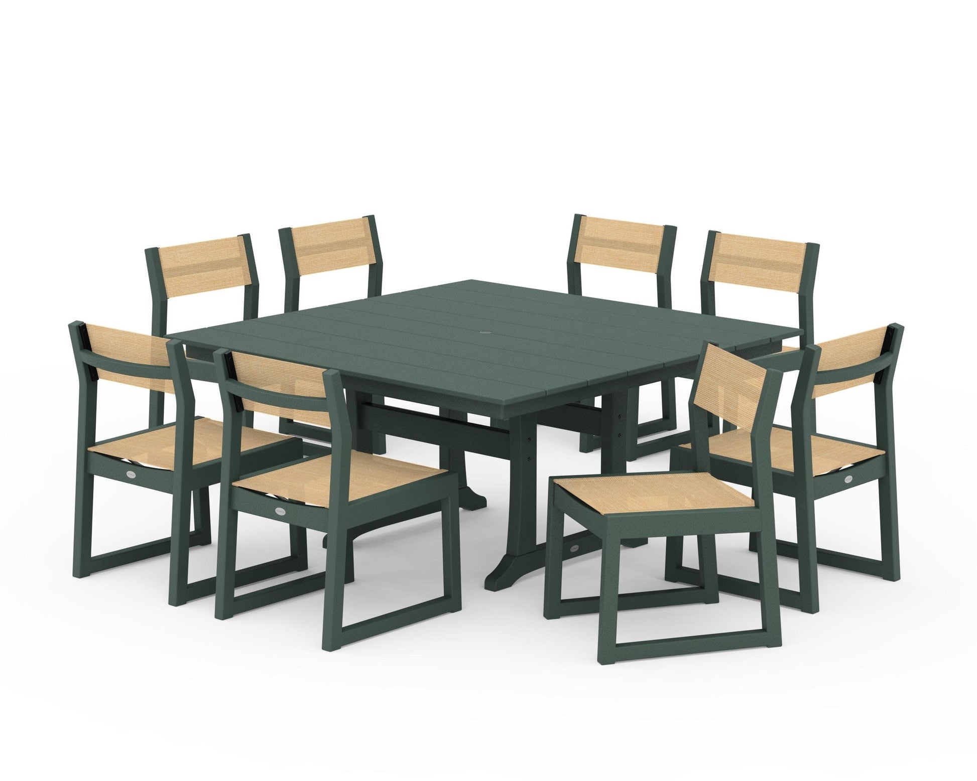 POLYWOOD EDGE Sling Side Chair 9-Piece Farmhouse Trestle Dining Set — Green / Dupioni Apricot Sling