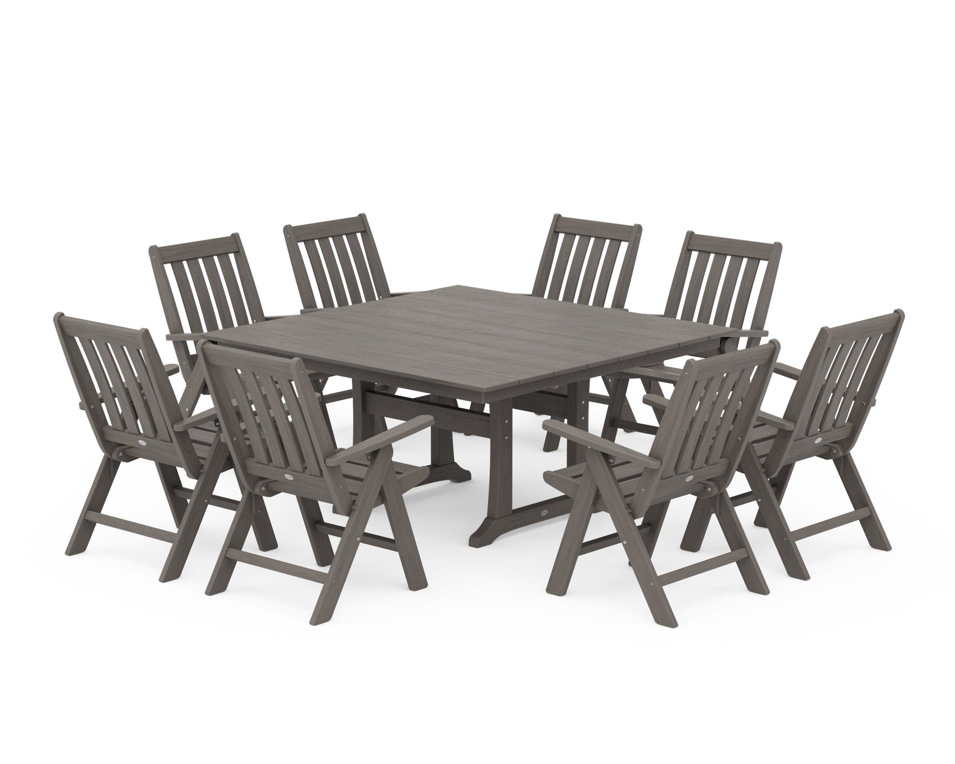POLYWOOD Vineyard Folding Chair 9-Piece Square Farmhouse Dining Set with Trestle Legs — Driftwood