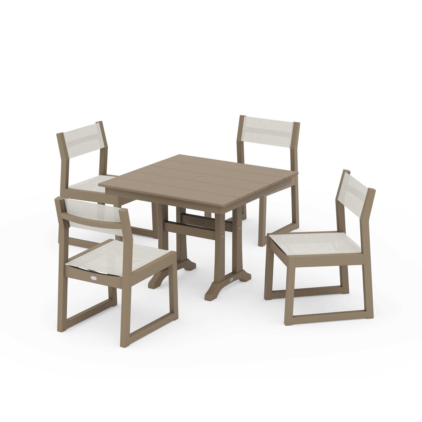 POLYWOOD EDGE Sling 5-Piece Farmhouse Trestle Side Chair Dining Set — Vintage Sahara / Parchment Sling