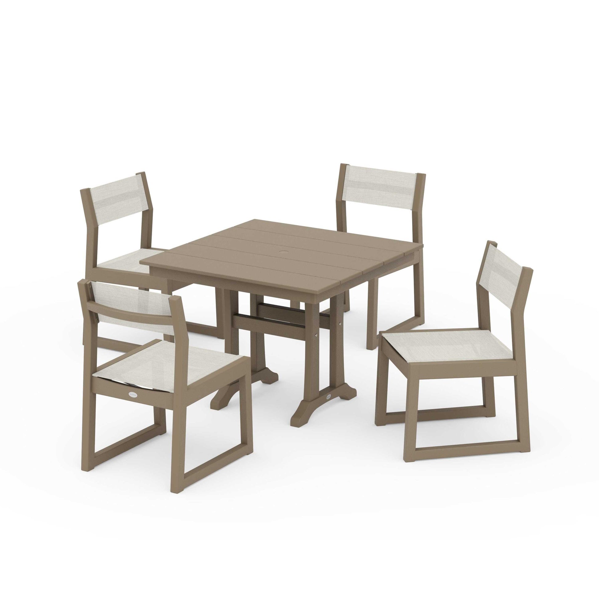 POLYWOOD EDGE Sling 5-Piece Farmhouse Trestle Side Chair Dining Set — Vintage Sahara / Parchment Sling