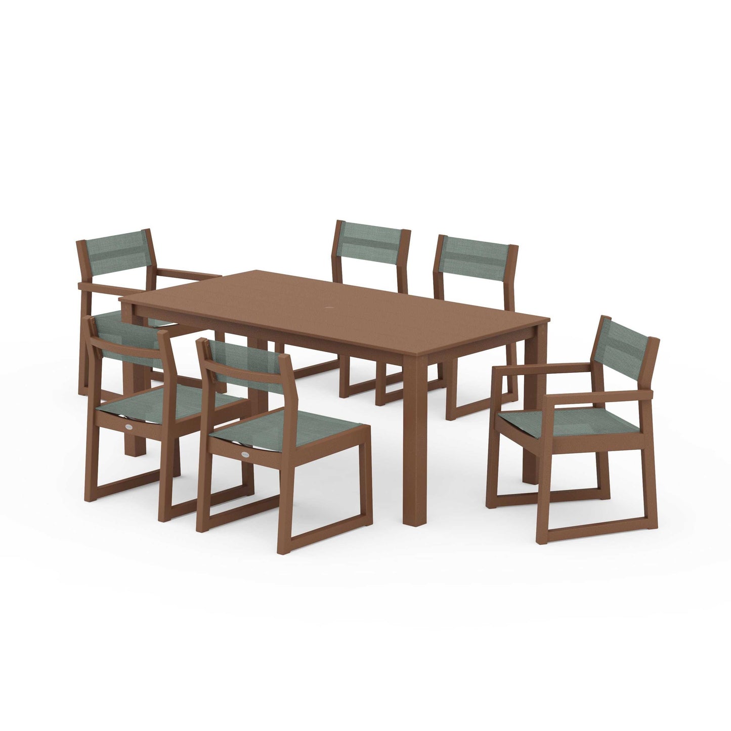 POLYWOOD EDGE Sling 7-Piece Parsons Dining Set — Teak / Dupioni Sea Mist Sling