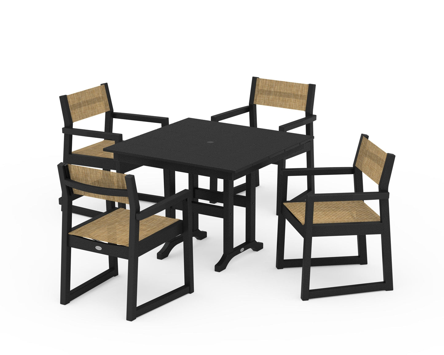 POLYWOOD EDGE Sling Arm Chair 5-Piece Farmhouse Dining Set — Black / Burlap Sling