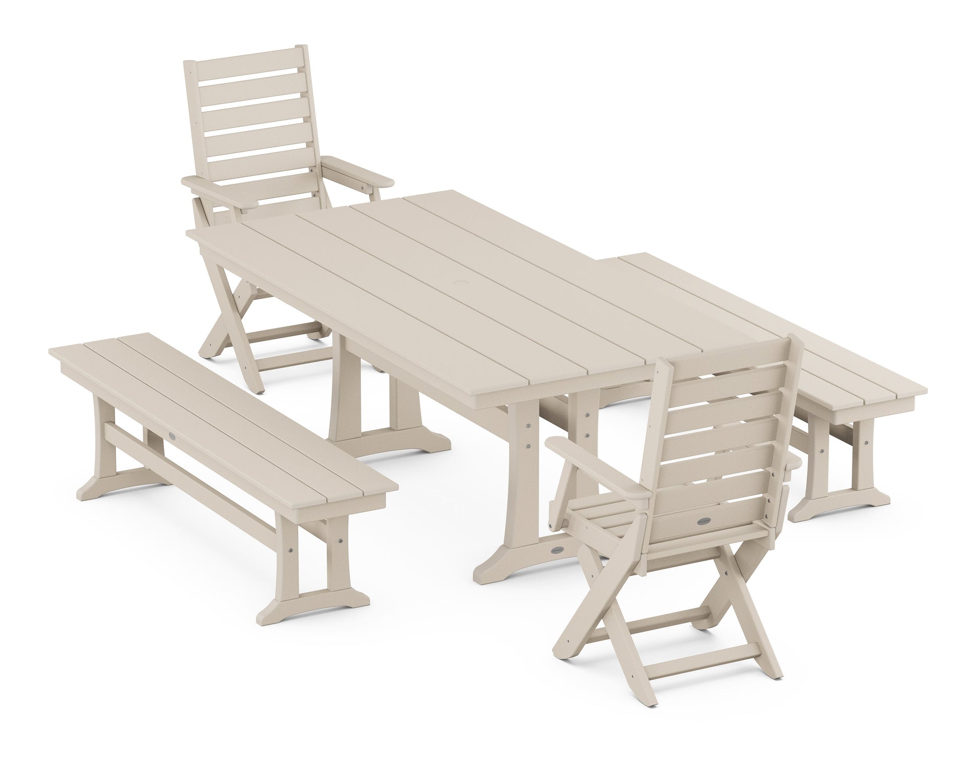 POLYWOOD Captain Folding Chair 5-Piece Farmhouse Dining Set With Trestle Legs — Sand
