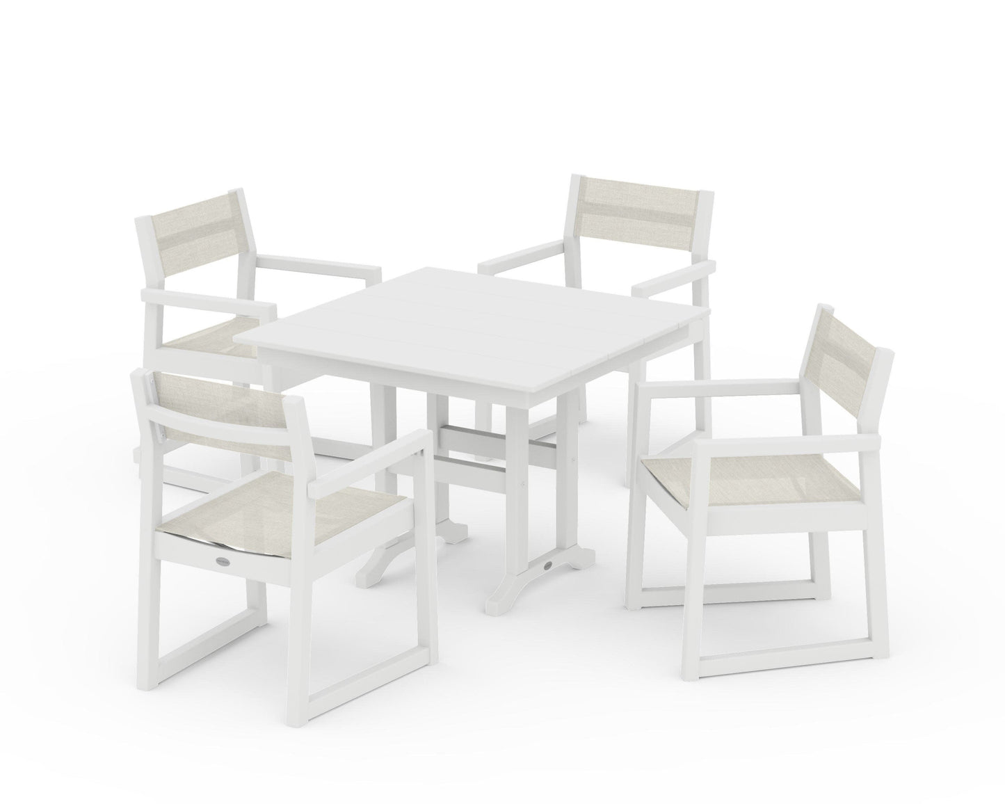 POLYWOOD EDGE Sling Arm Chair 5-Piece Farmhouse Dining Set — White / Parchment Sling