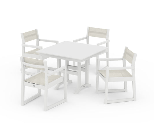 POLYWOOD EDGE Sling Arm Chair 5-Piece Farmhouse Dining Set — White / Parchment Sling