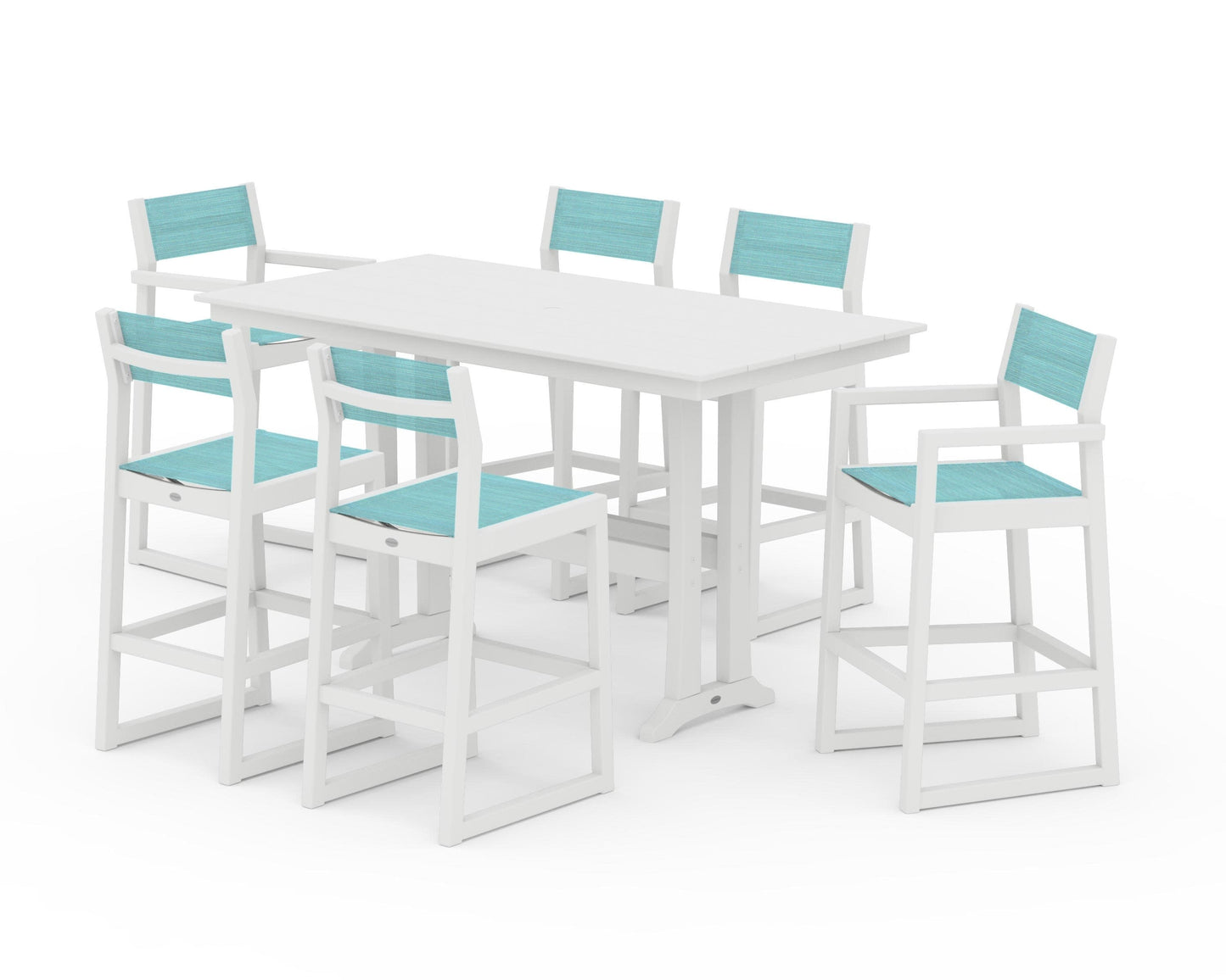 POLYWOOD EDGE Sling 7-Piece Farmhouse Bar Set with Trestle Legs — White / Dupioni Aquamarine Sling