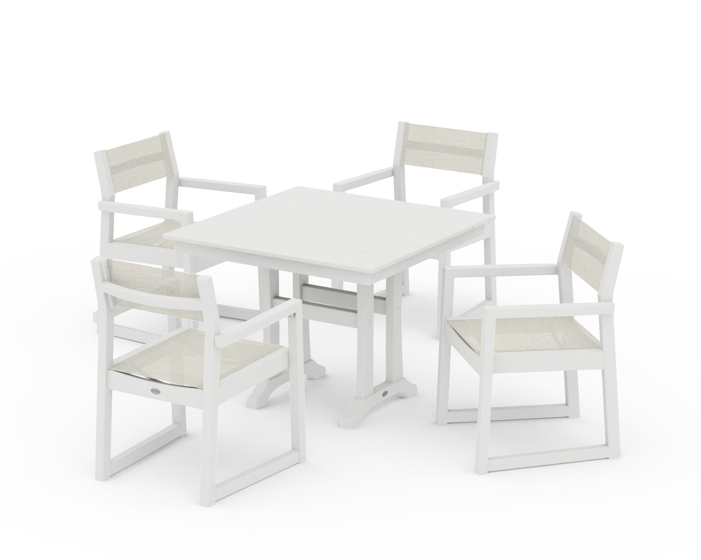 POLYWOOD EDGE Sling 5-Piece Farmhouse Dining Set with Trestle Legs — Vintage White / Parchment Sling