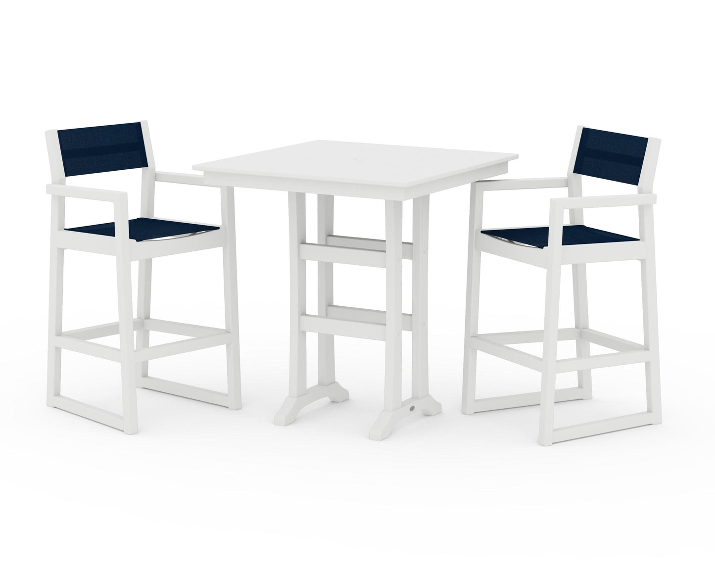 POLYWOOD EDGE Sling Arm Chair 3-Piece Farmhouse Bar Set with Trestle Legs — White / Navy Blue Sling