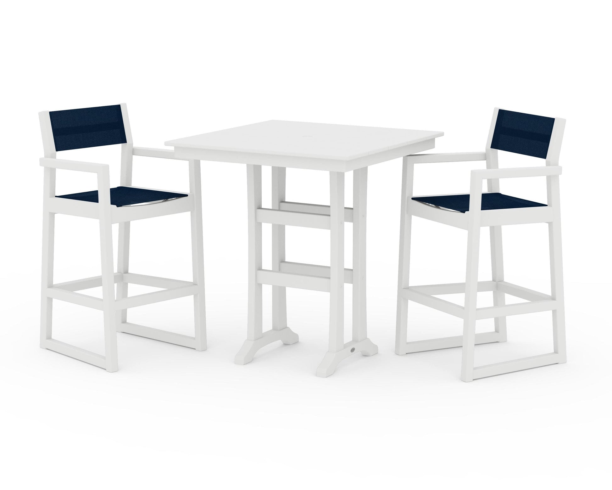 POLYWOOD EDGE Sling Arm Chair 3-Piece Farmhouse Bar Set with Trestle Legs — White / Navy Blue Sling